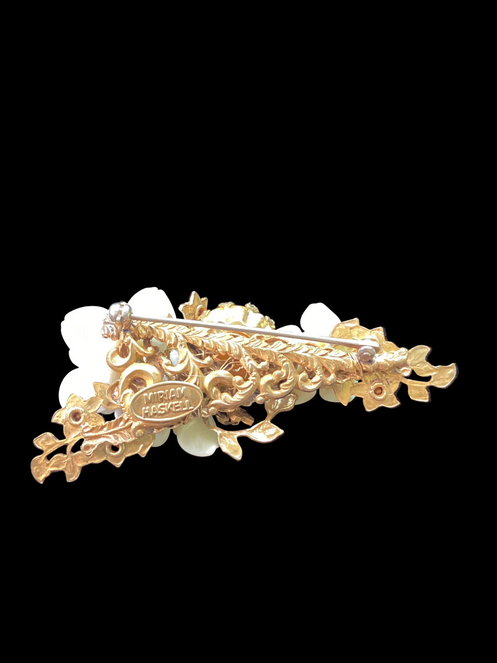 Vintage Miriam Haskell Rose & Butterscotch Cabochon Glass Brooch