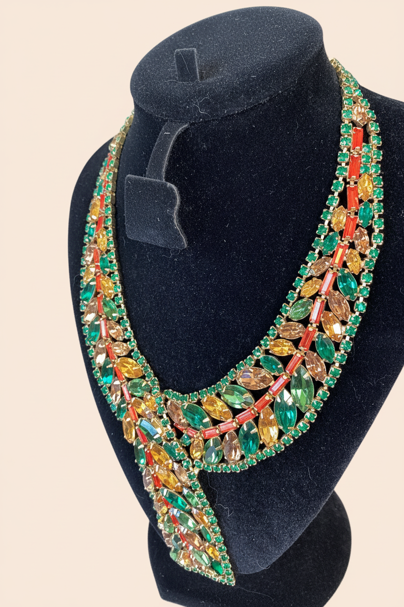 RARE Schreiner NY Emerald, Topaz,Asymmetric Ruffle Necklace,Bracelet,
Earring Demi Parure