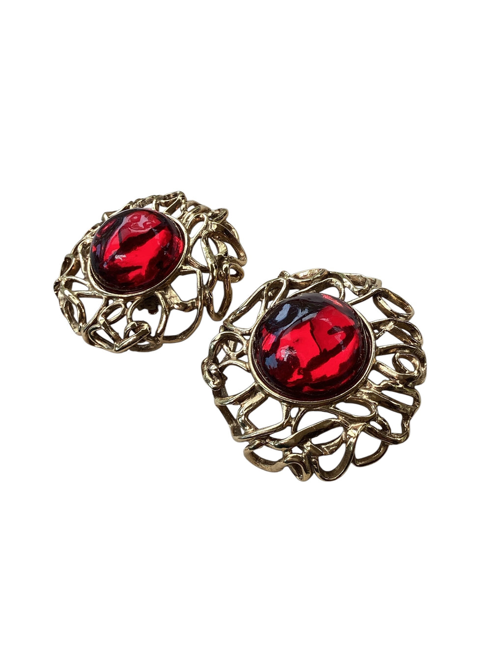 Circa 1980 YSL Goossens Openwork Red Cabochon Clip Earrings