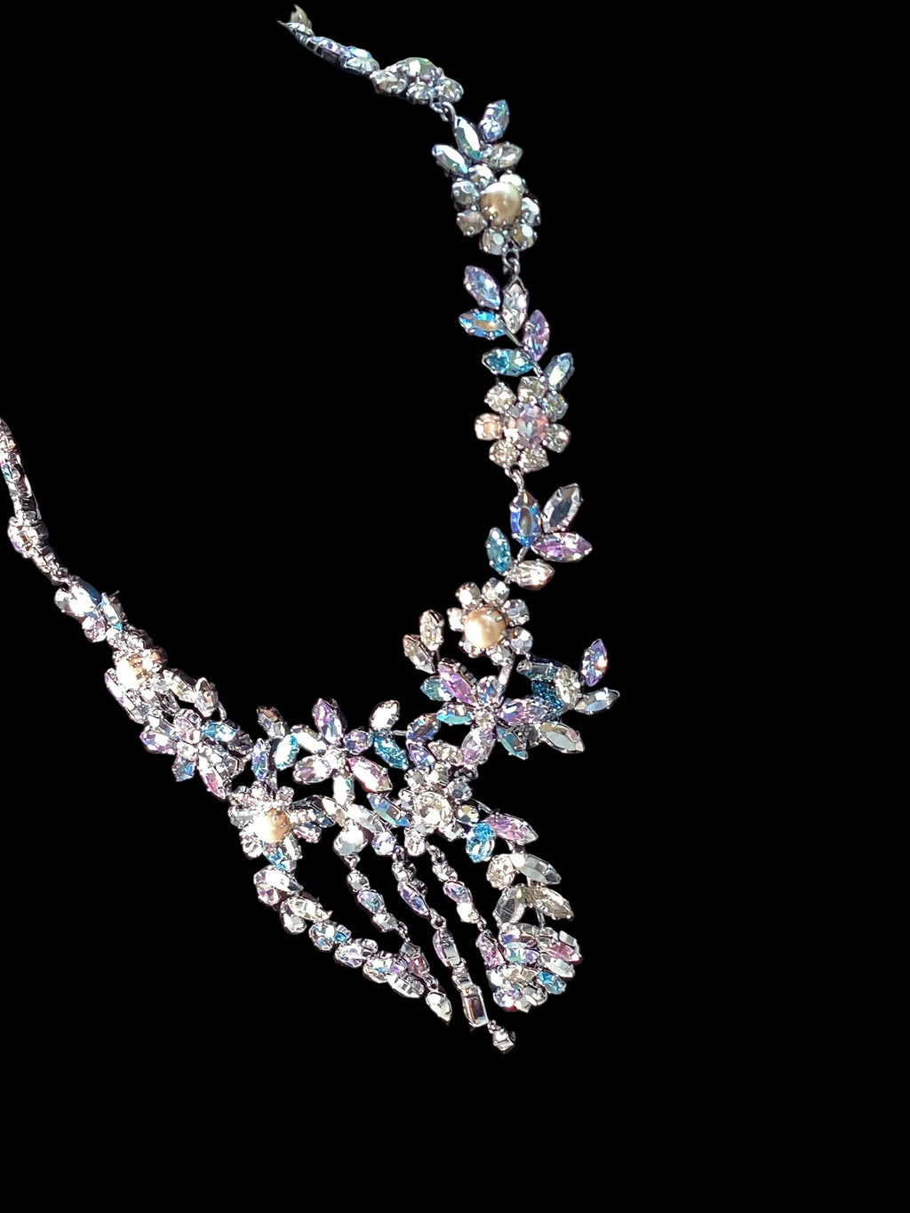 Circa 1950’s Made in Austria Bermuda Blue Rhinestone Bib Necklace & Western Germany Earrings