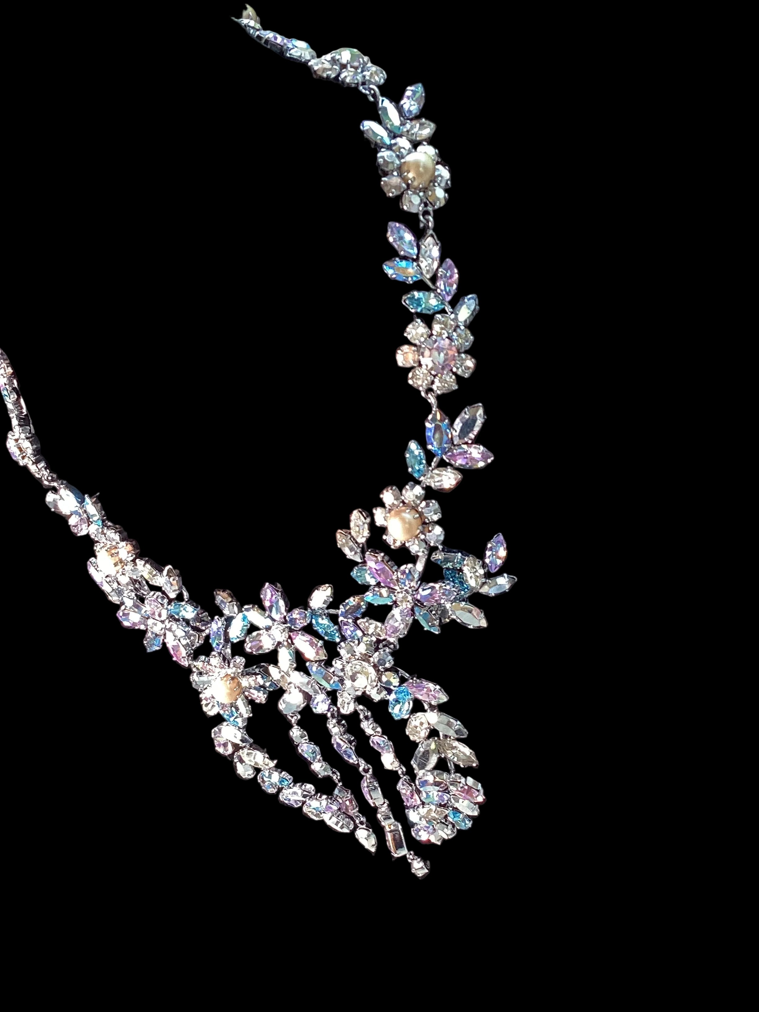 Circa 1950’s Made in Austria Bermuda Blue Rhinestone Bib Necklace & Western Germany Earrings