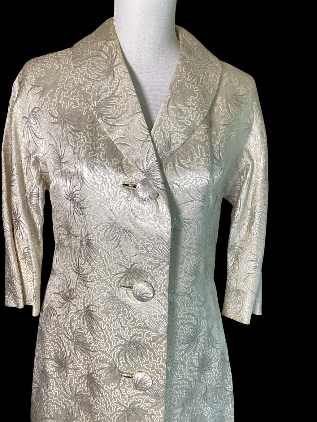 Pristine Vintage 1960s Metallic Silver & Ivory Silk Brocade Floor-Length Opera/Evening Coat