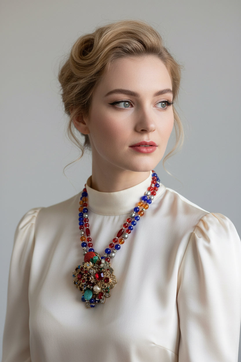 Vintage Mid-Century Beaded Cluster Statement Necklace & Brooch