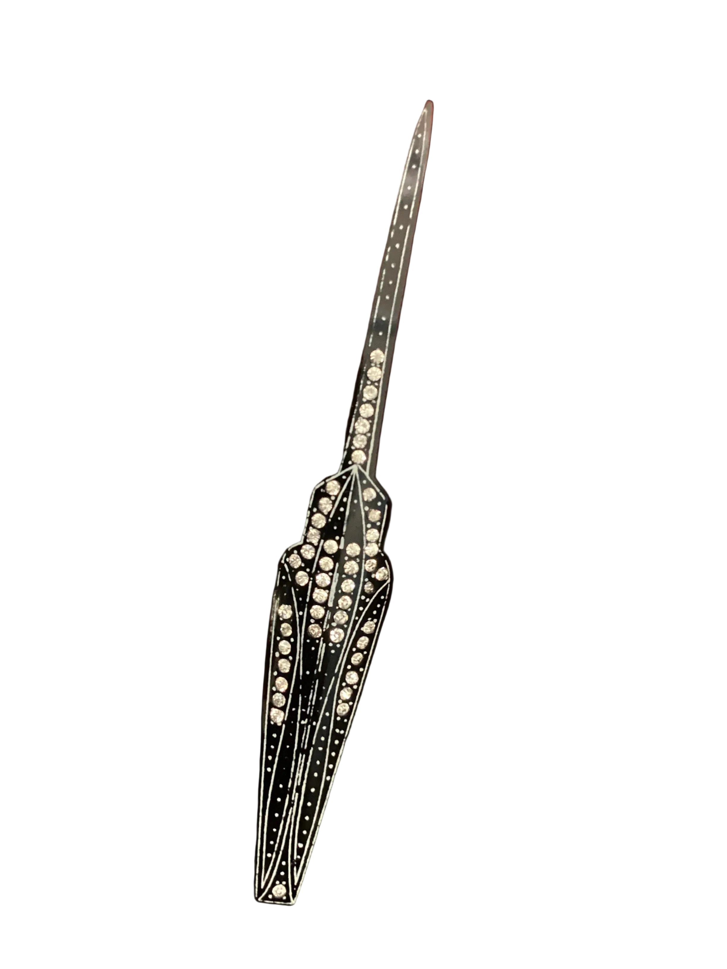 Vintage 1920s Art Deco Black Celluloid Jabot Pin - Elongated Geometric Bar Brooch with Rhinestones