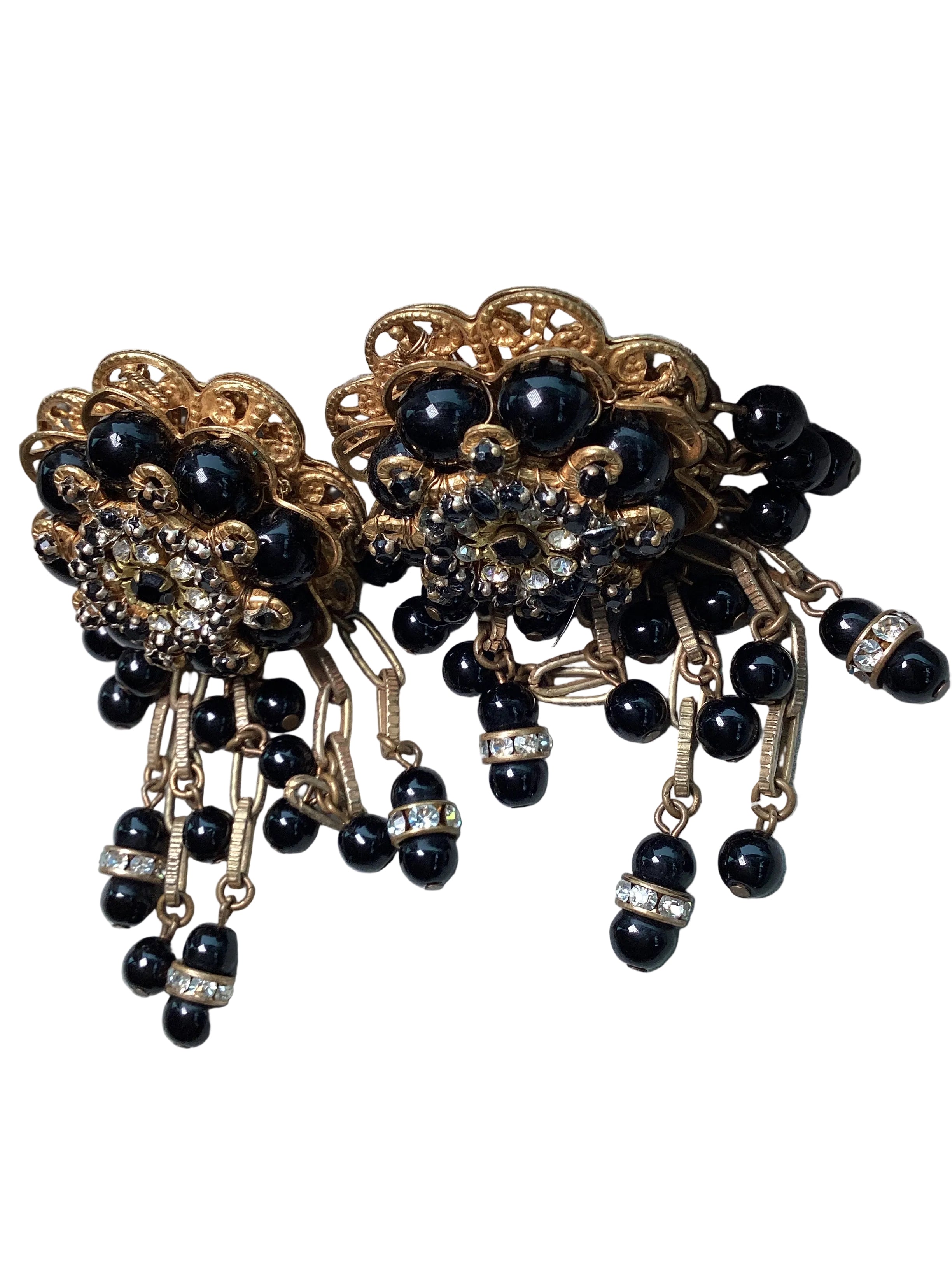 Rare Vintage Stanley Hagler N.Y.C. Jet Black Bead & Crystal Waterfall Earrings