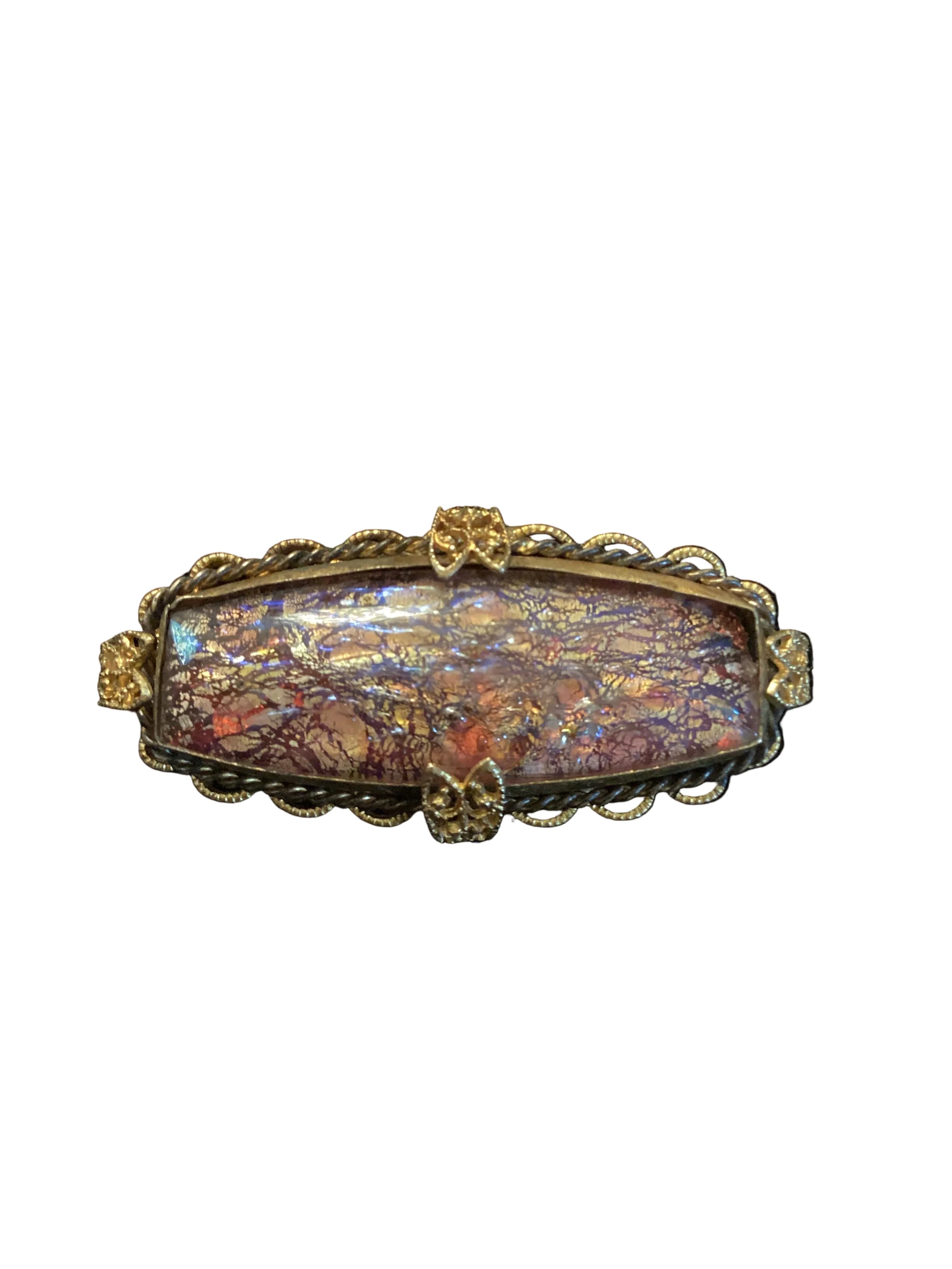 Circa 1880 Antique Victorian Bohemian Flamed Glass Brooch, Gilt Filigree Open Hook Pin