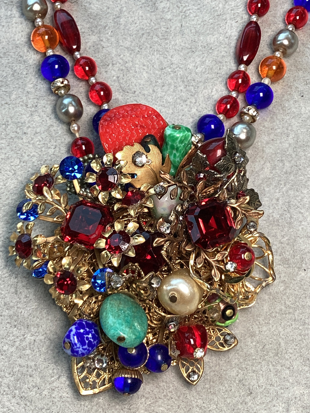 Vintage Mid-Century Beaded Cluster Statement Necklace & Brooch