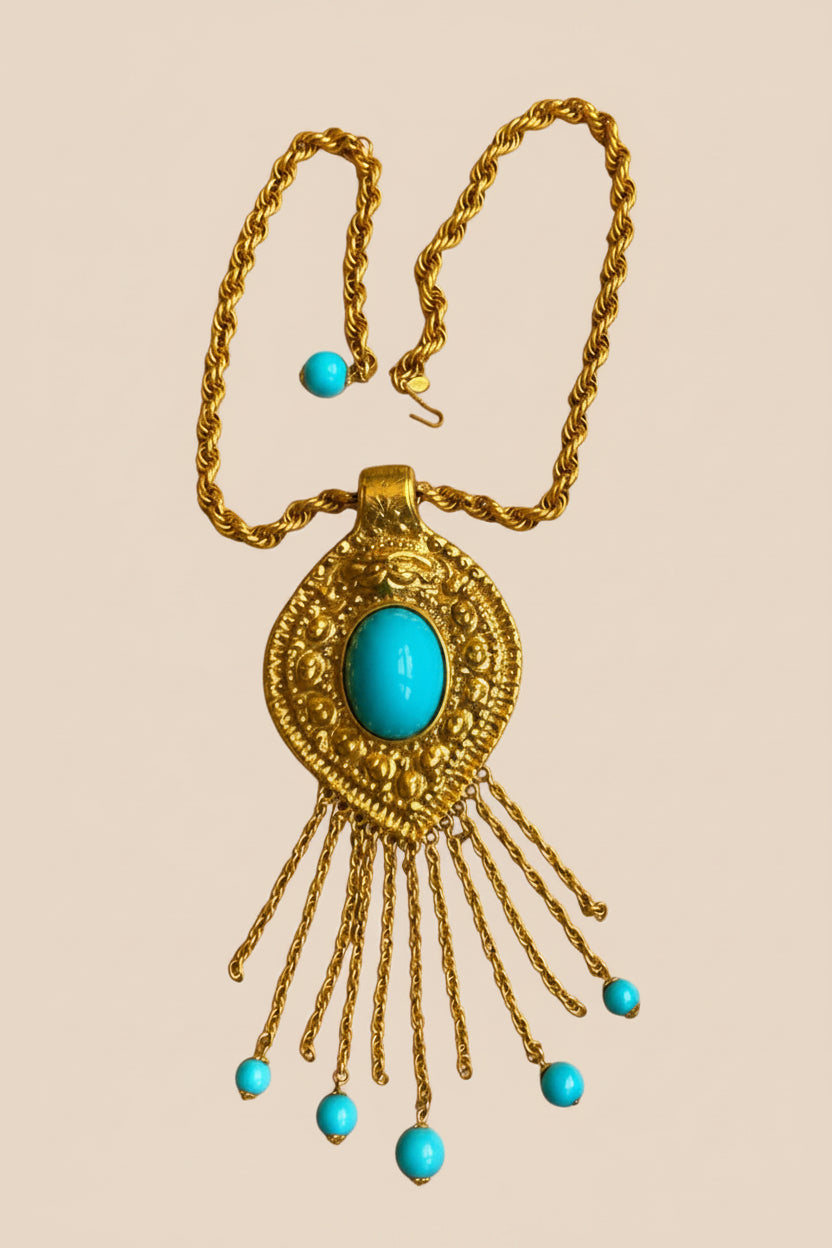 1970 Cadoro Etruscan Revival Turquois Pendant Necklace