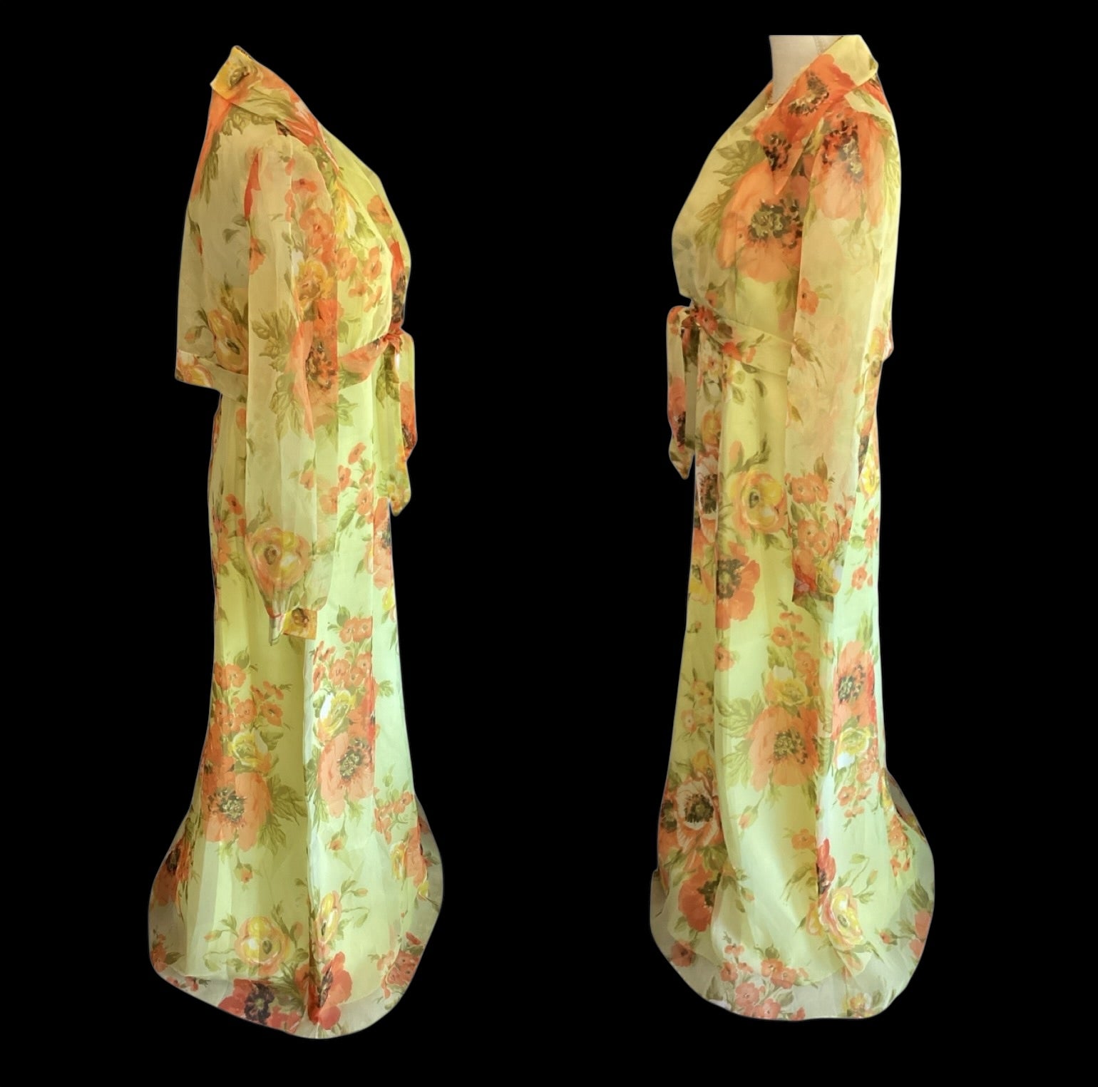 Vintage 1970s Floral Chiffon Maxi Dress | Sheer Bishop Sleeve Boho Prairie Gown
