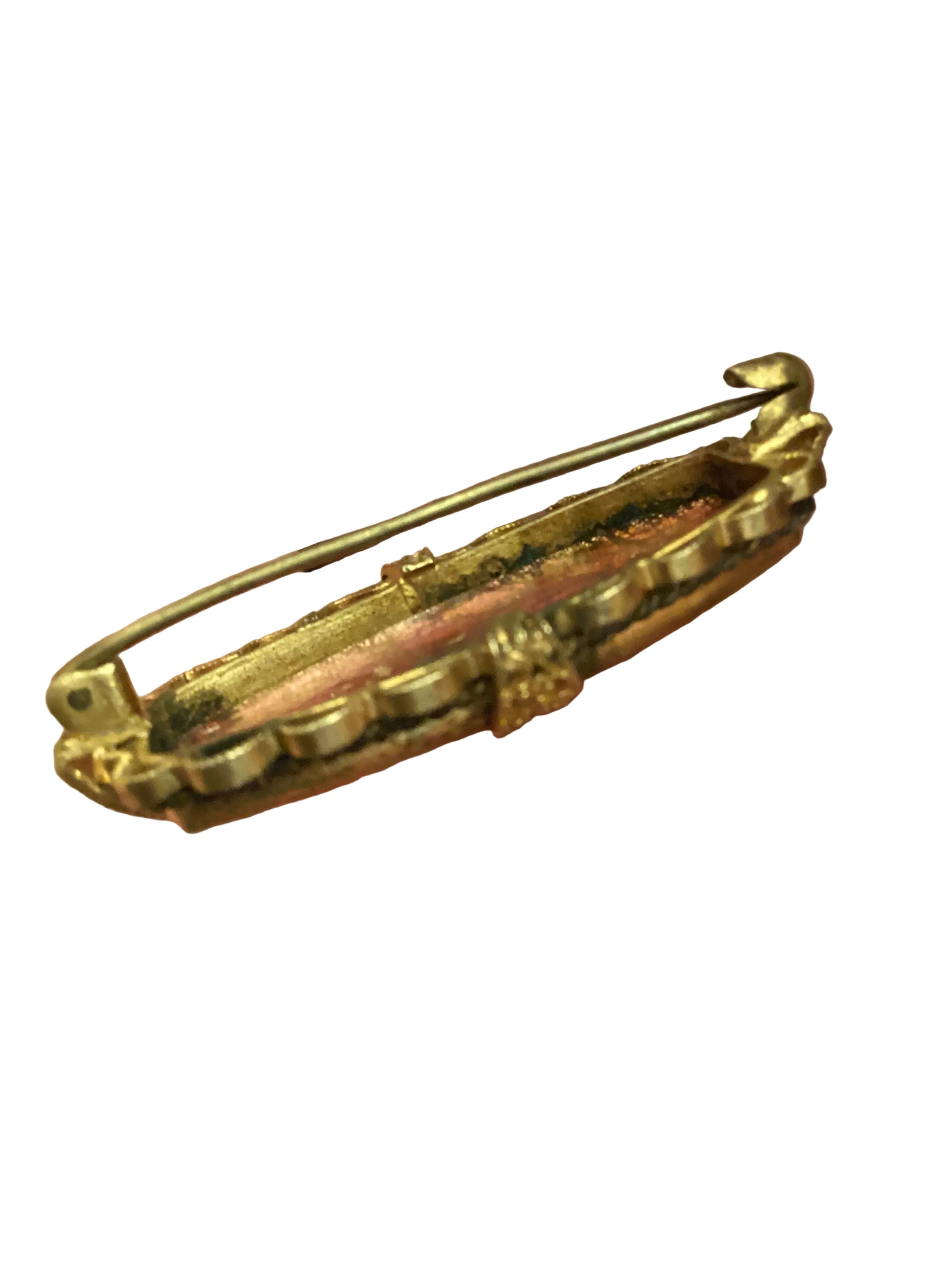 Circa 1880 Antique Victorian Bohemian Flamed Glass Brooch, Gilt Filigree Open Hook Pin