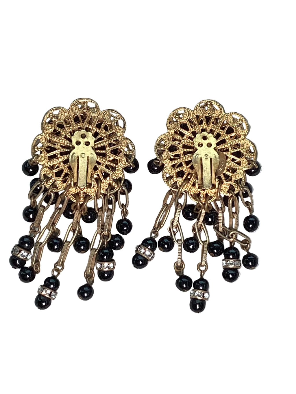 Rare Vintage Stanley Hagler N.Y.C. Jet Black Bead & Crystal Waterfall Earrings