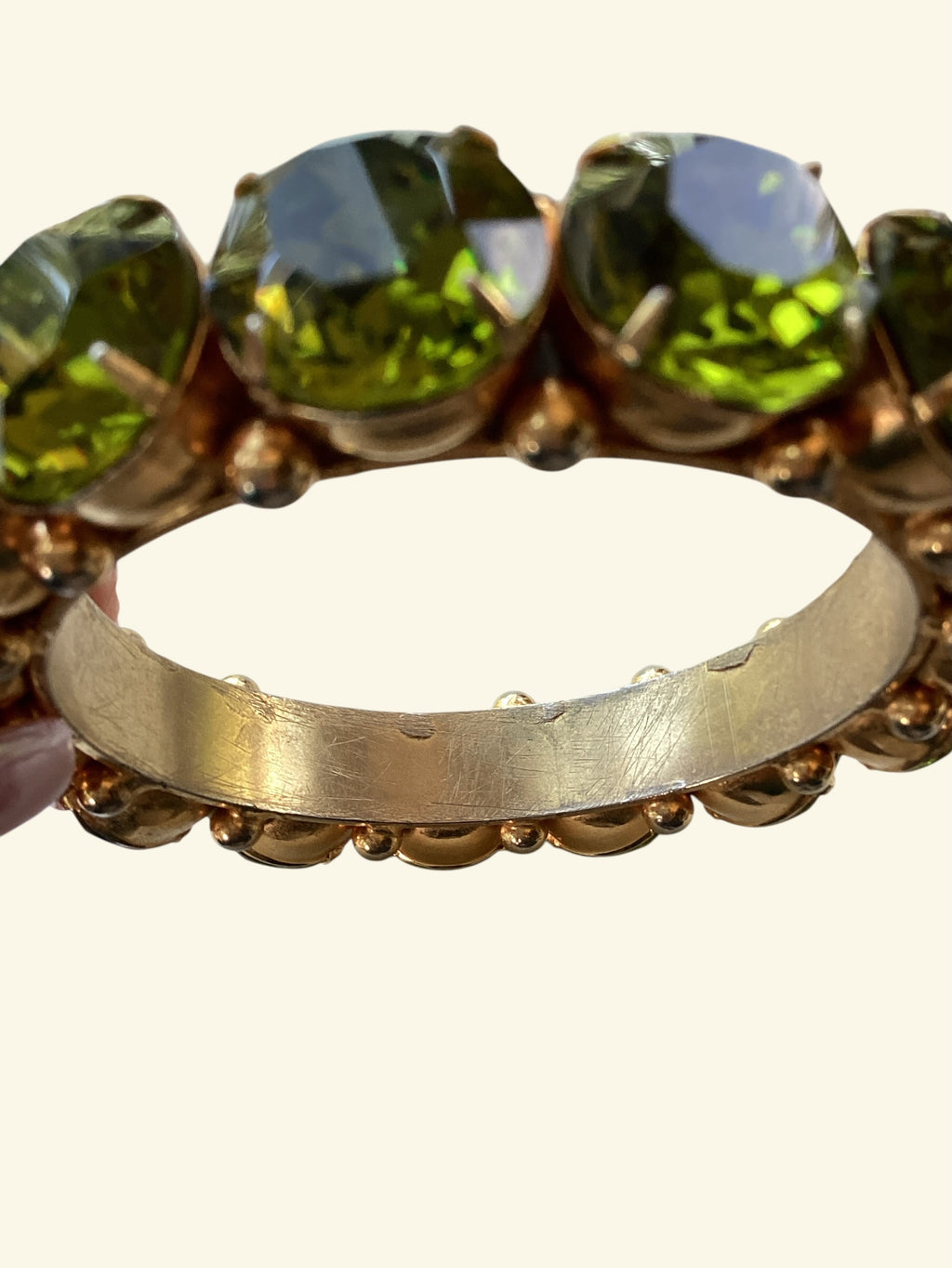 Rare Robert Sorrell Originals Couture Statement Bangle Bracelet - Massive Prismatic Olivine Crystals in 
Ornate Gold-Tone