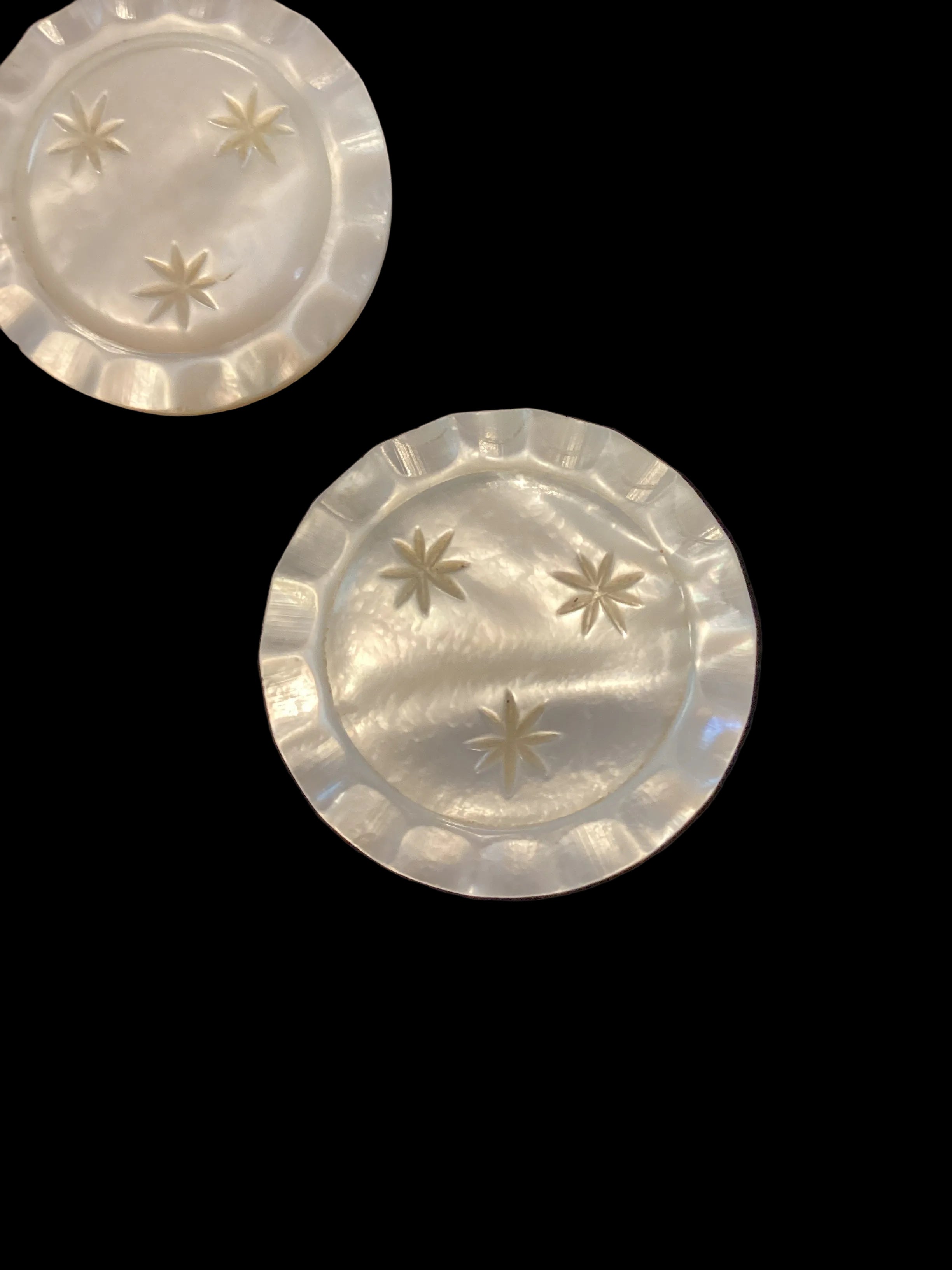 Antique Carved Mother of Pearl Sweetheart Pins Set of 3 Star Pattern Scalloped Edge C-Clasp Pre-1910