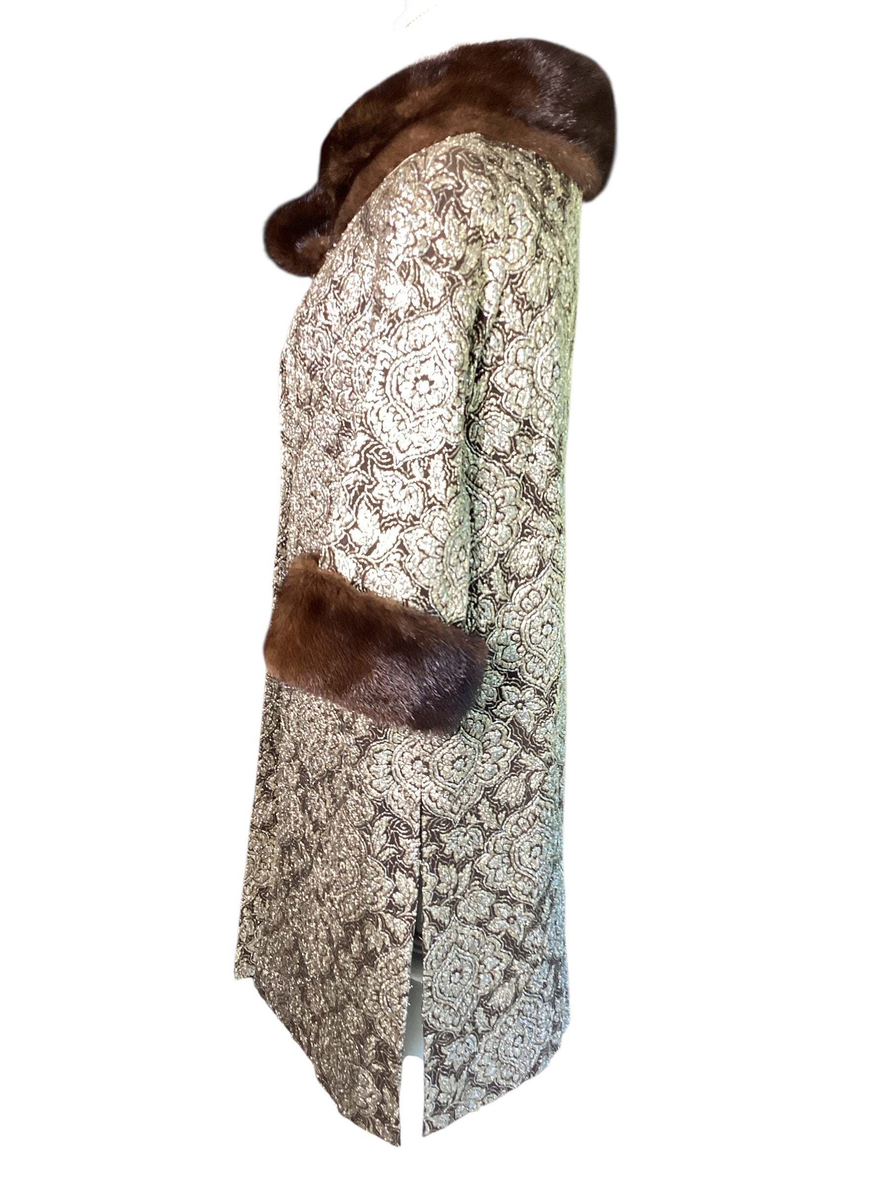 Vintage 1960s Custom Couture Brocade Shift Coat, Mahogany Mink Fur Collar & Cuffs