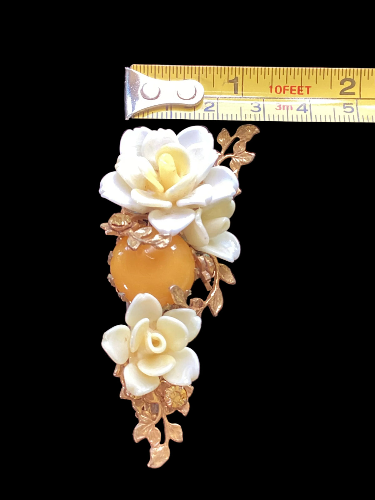 Vintage Miriam Haskell Rose & Butterscotch Cabochon Glass Brooch