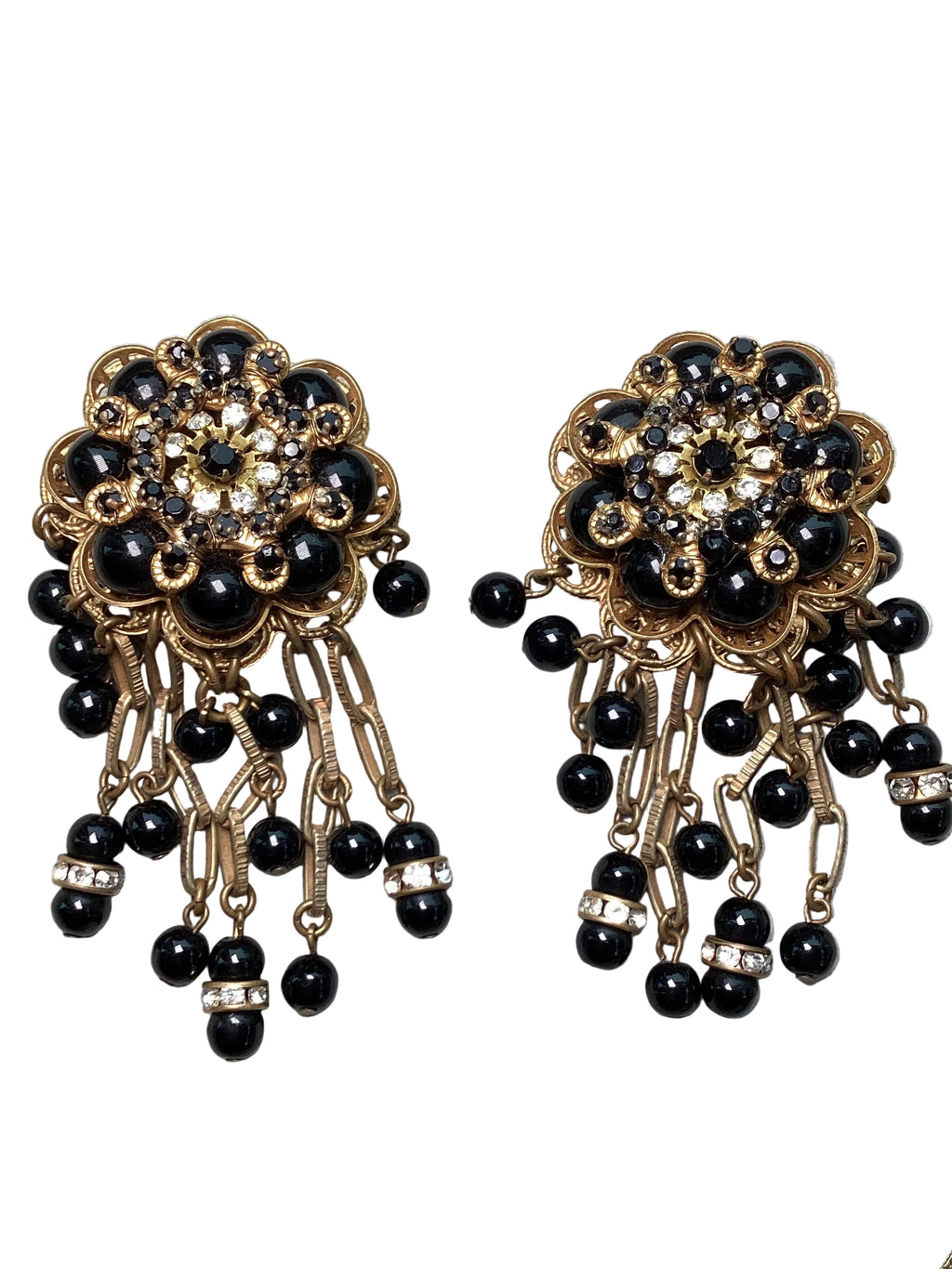 Rare Vintage Stanley Hagler N.Y.C. Jet Black Bead & Crystal Waterfall Earrings