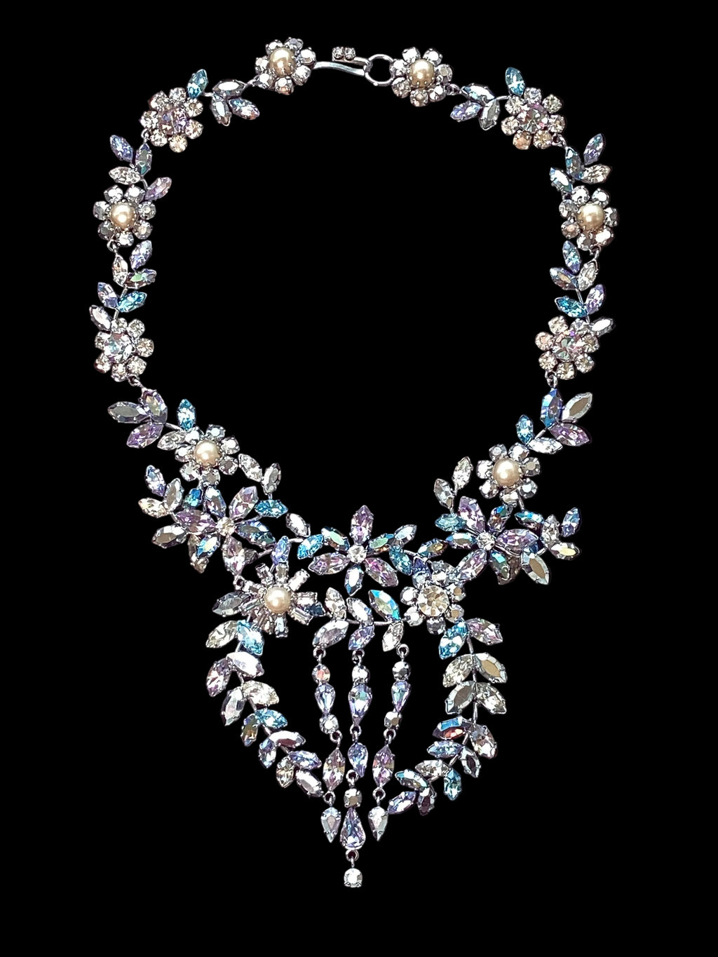 Circa 1950’s Made in Austria Bermuda Blue Rhinestone Bib Necklace & Western Germany Earrings