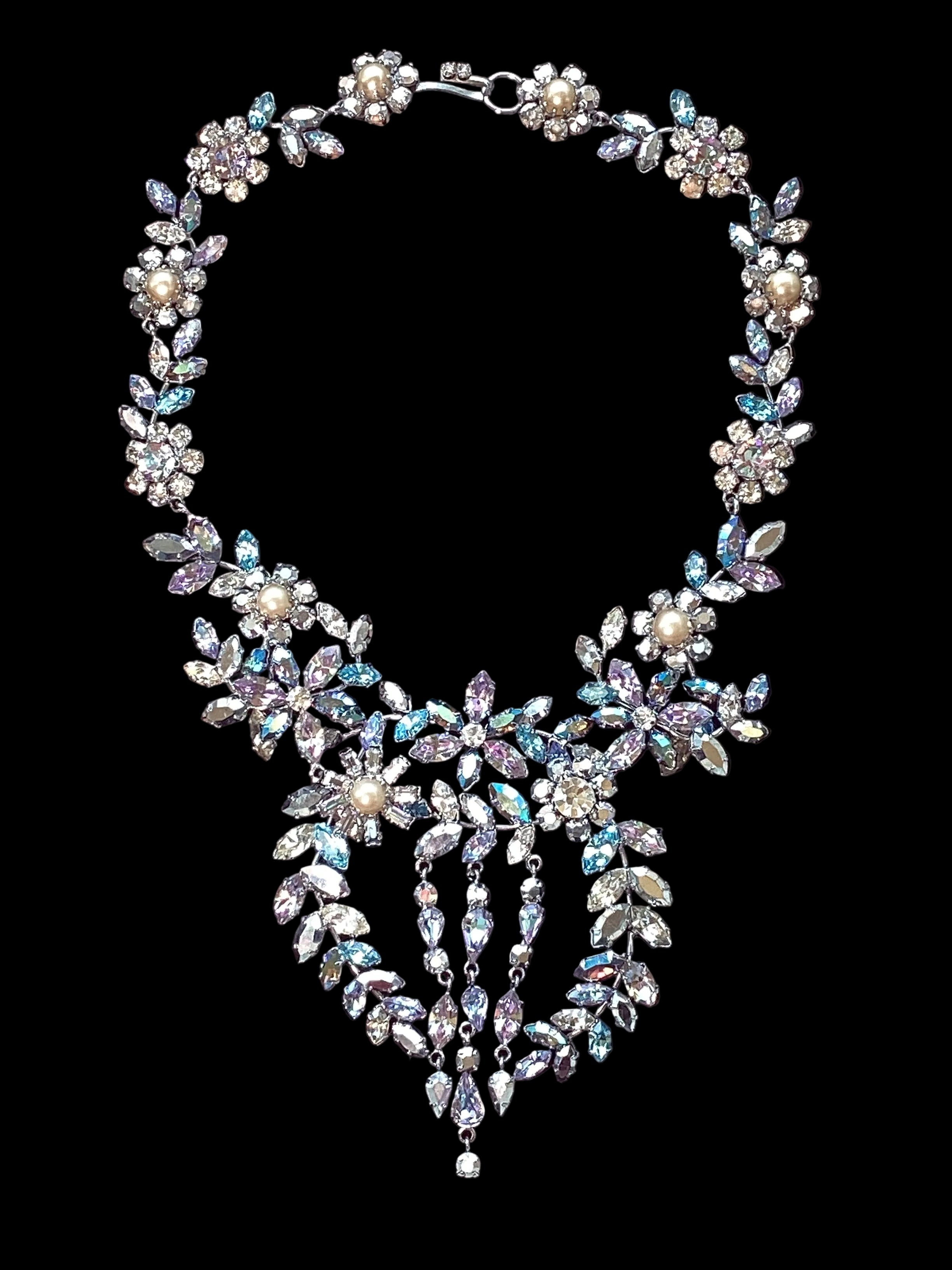 Circa 1950’s Made in Austria Bermuda Blue Rhinestone Bib Necklace & Western Germany Earrings