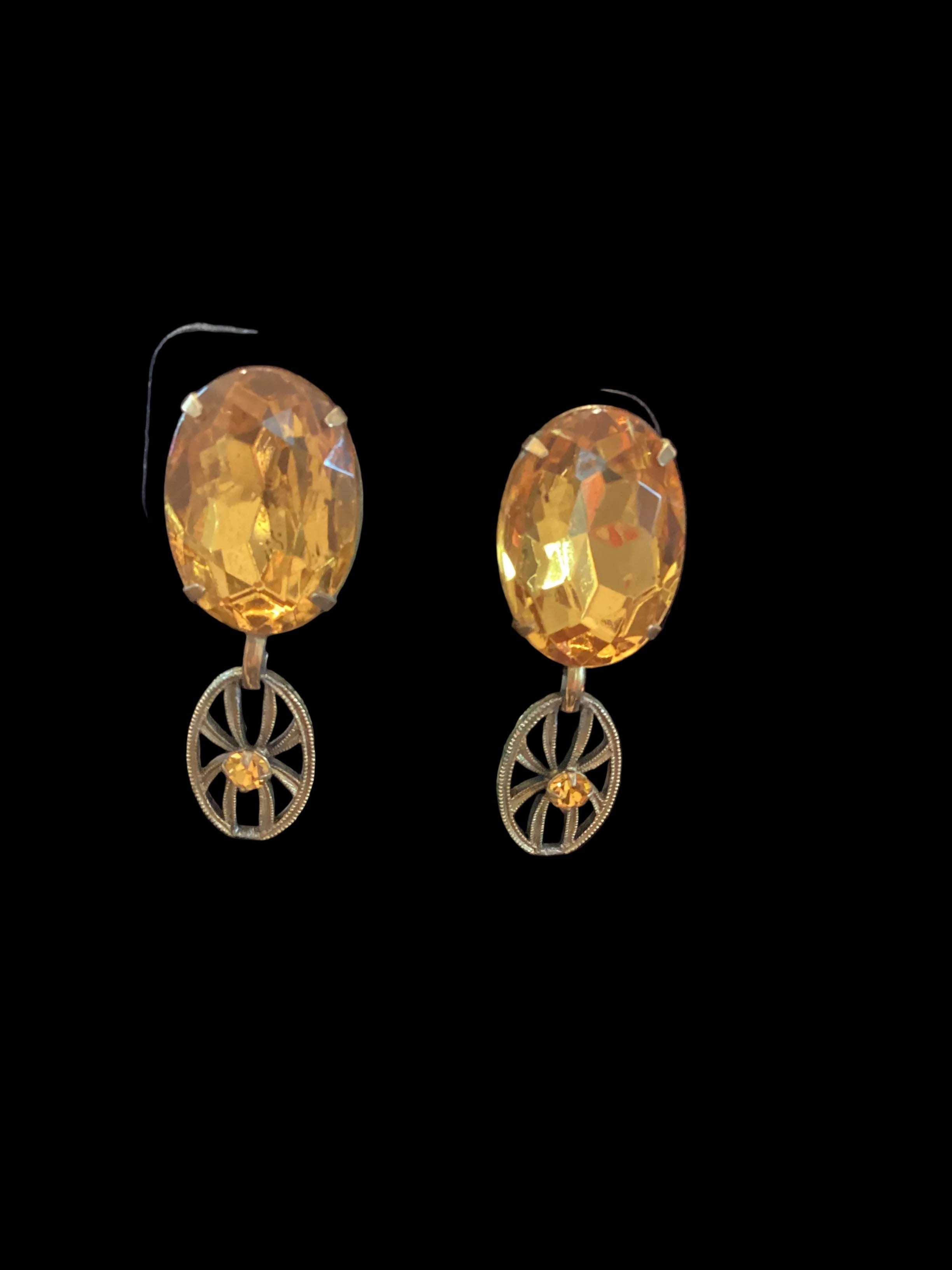 Antique Art Deco Brass Filigree Citrine Glass Necklace & Earrings Set