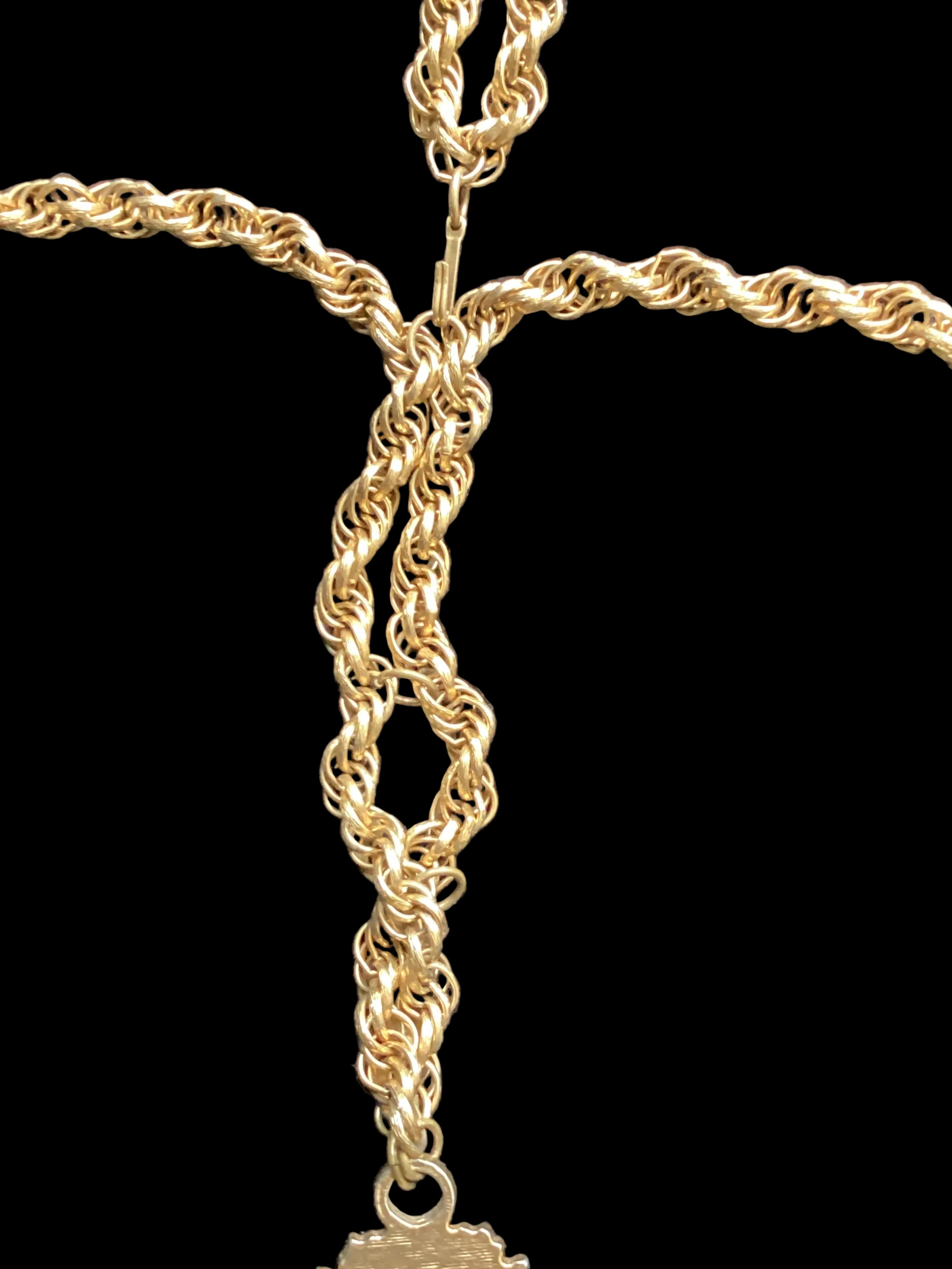 Circa 1960 Pauline Rader Etruscan Pouch Pendant Necklace & Matching Tassel Brooch Runway Couture Set