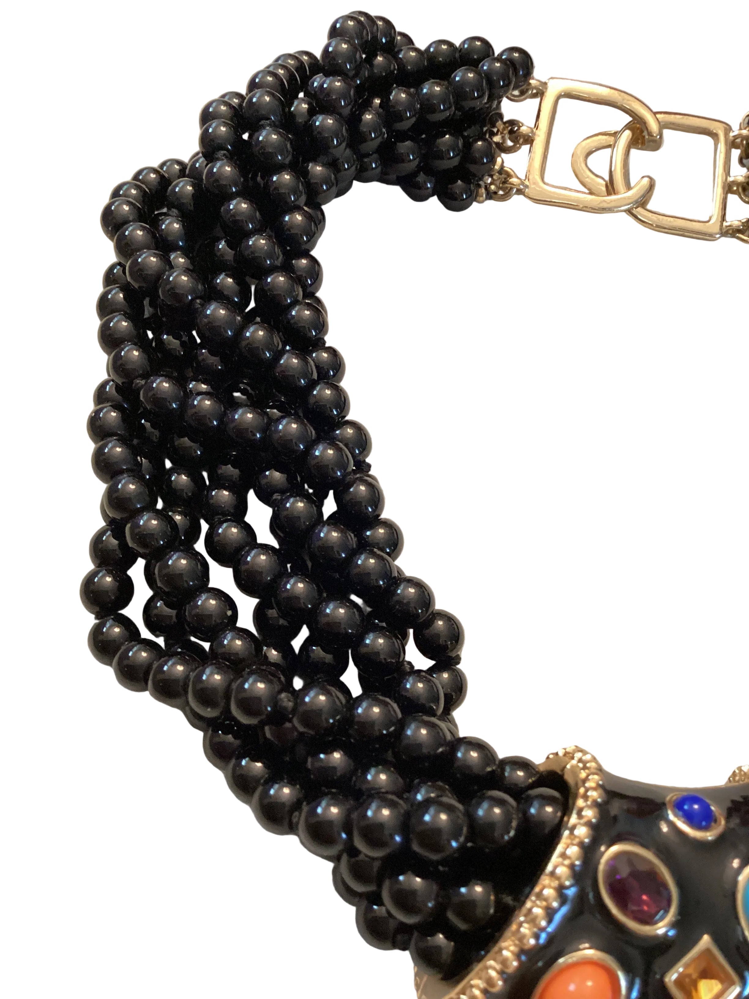 Circa 1980’s Kenneth Jay Lane KJL Multi-Strand Multi-Color Cabochon Black Enamel Necklace & Bangle Set