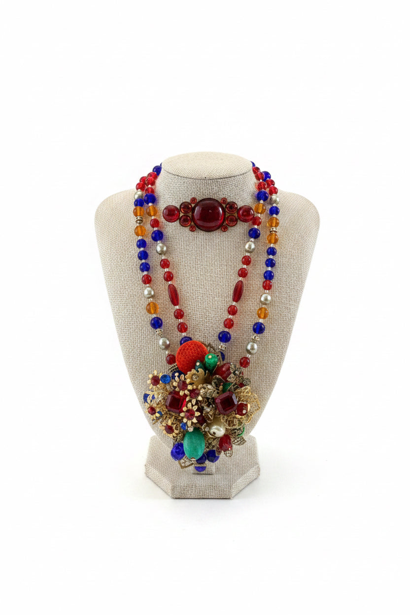 Vintage Mid-Century Beaded Cluster Statement Necklace & Brooch