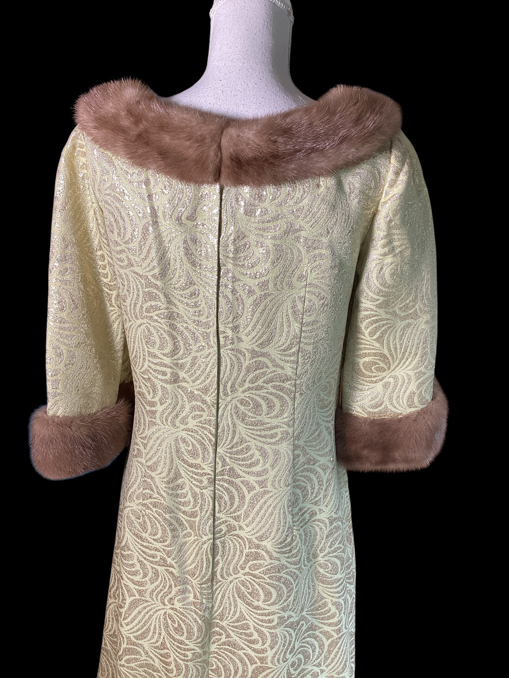 Vintage 1960s Malouf Design Perfect Negligee Hostess Gown - Pale Lime & Gold Metallic Brocade Lamé
with Pristine Mink Fur Portrait Collar & Cuffs
