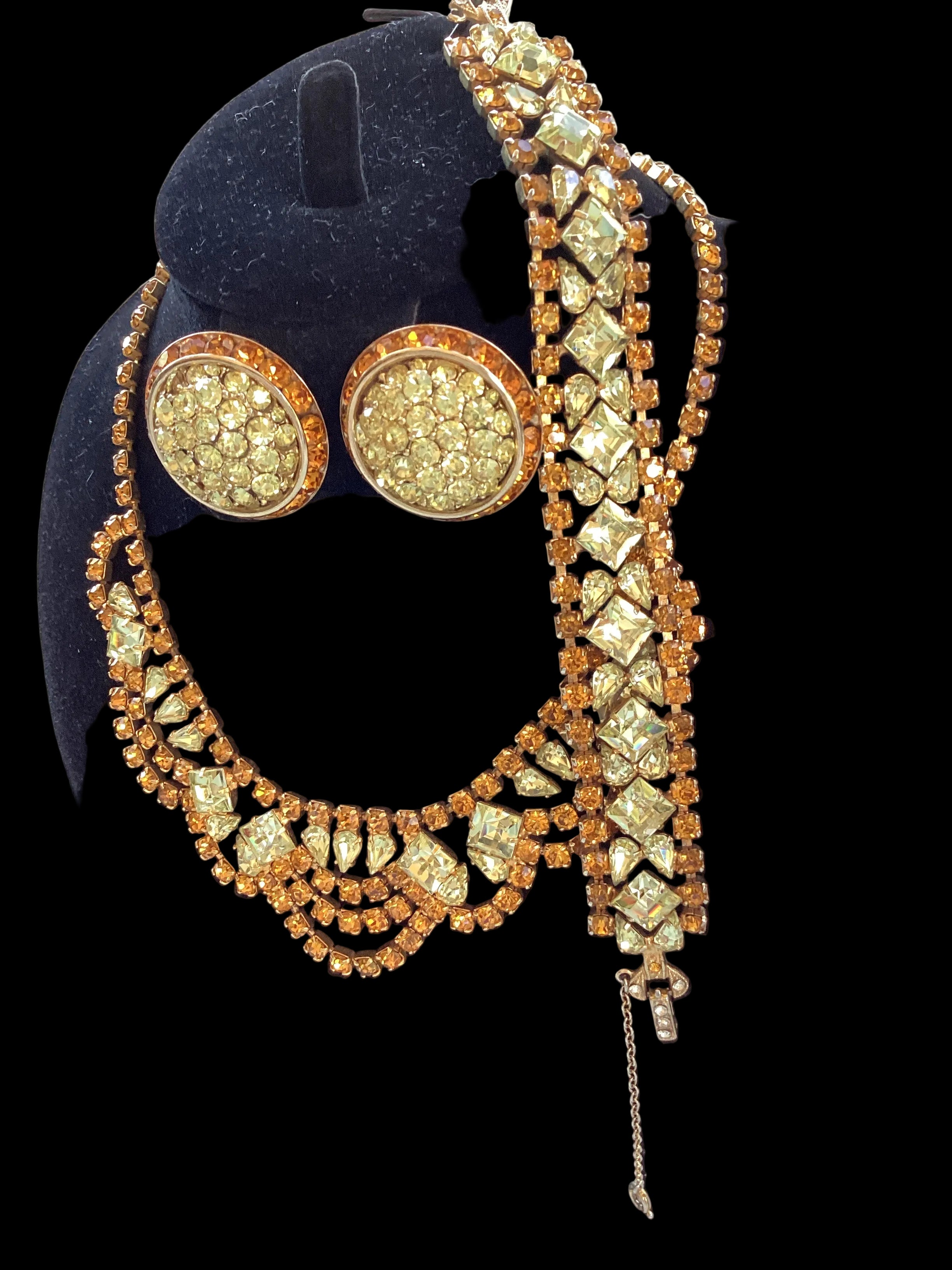 Vintage 1950s CORO Signed Rhinestone Parure Set - Amber Gold-Citrine. Necklace, Bracelet, Clip-on Earrings