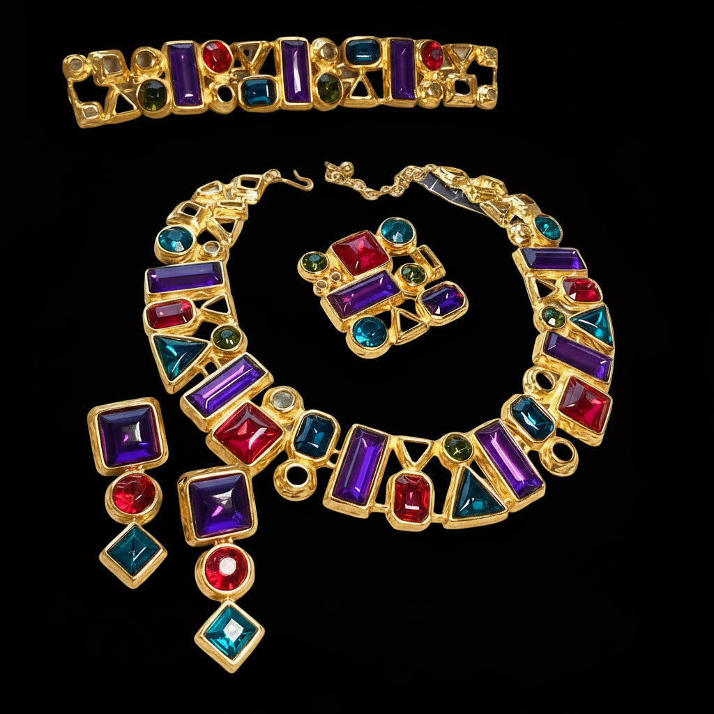 Stunning New Old Stock Vintage Trifari "Modern Mosaic" Multi-Piece Runway Parure