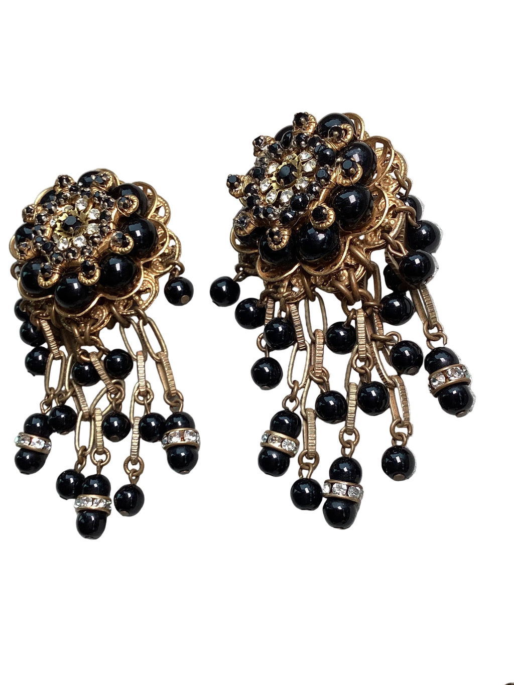 Rare Vintage Stanley Hagler N.Y.C. Jet Black Bead & Crystal Waterfall Earrings