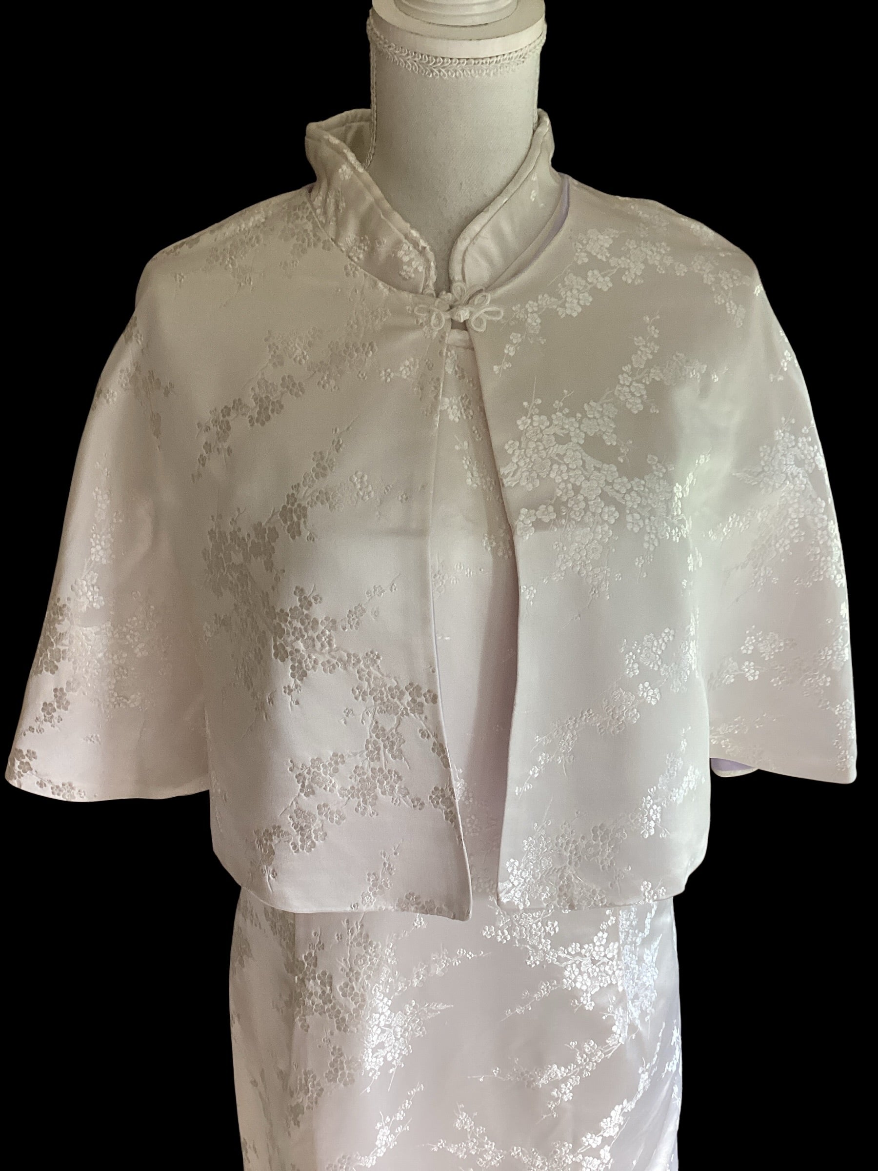 White Floral Brocade Cheongsam Dress & Capelet Set