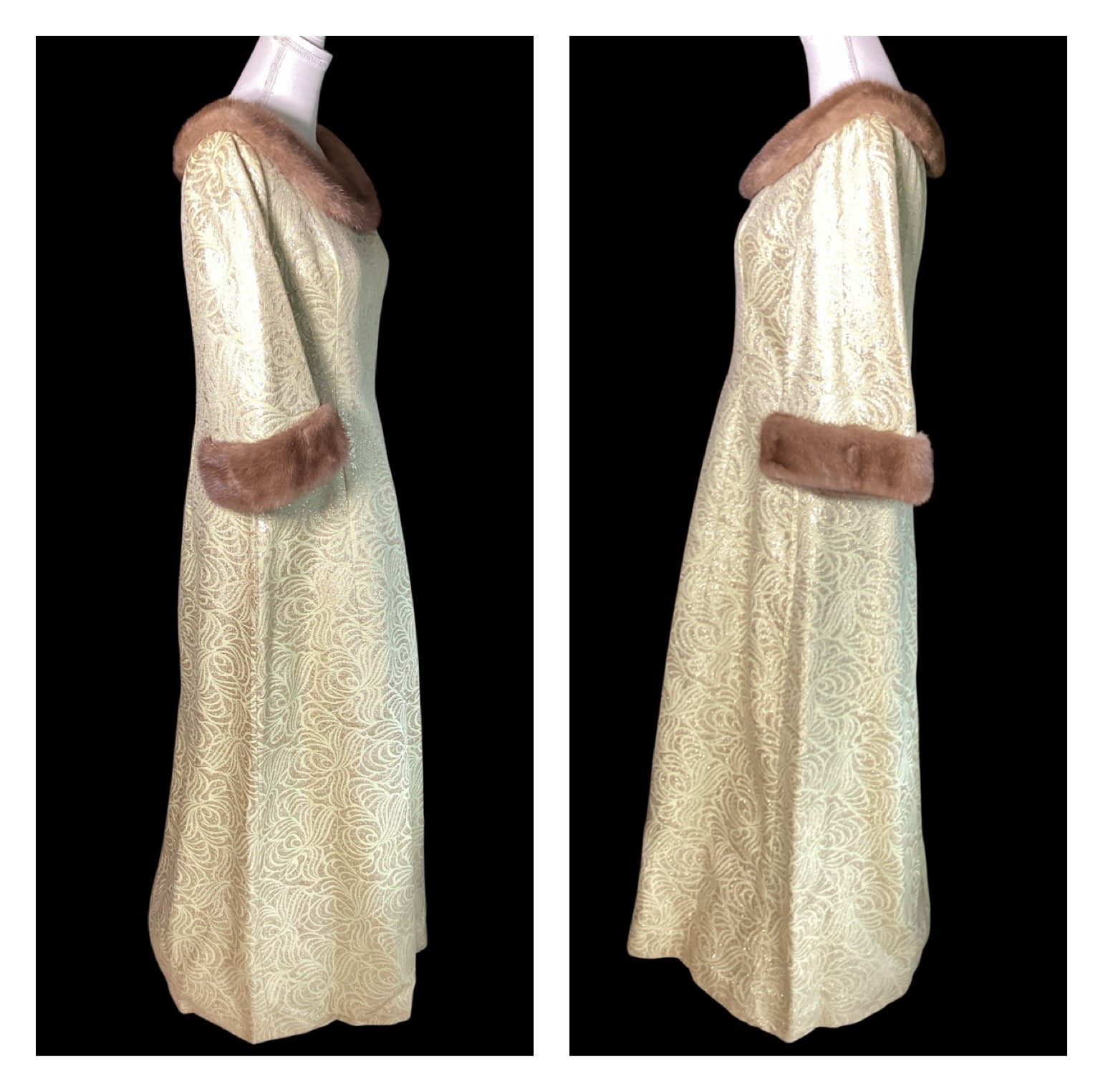 Vintage 1960s Malouf Design Perfect Negligee Hostess Gown - Pale Lime & Gold Metallic Brocade Lamé
with Pristine Mink Fur Portrait Collar & Cuffs