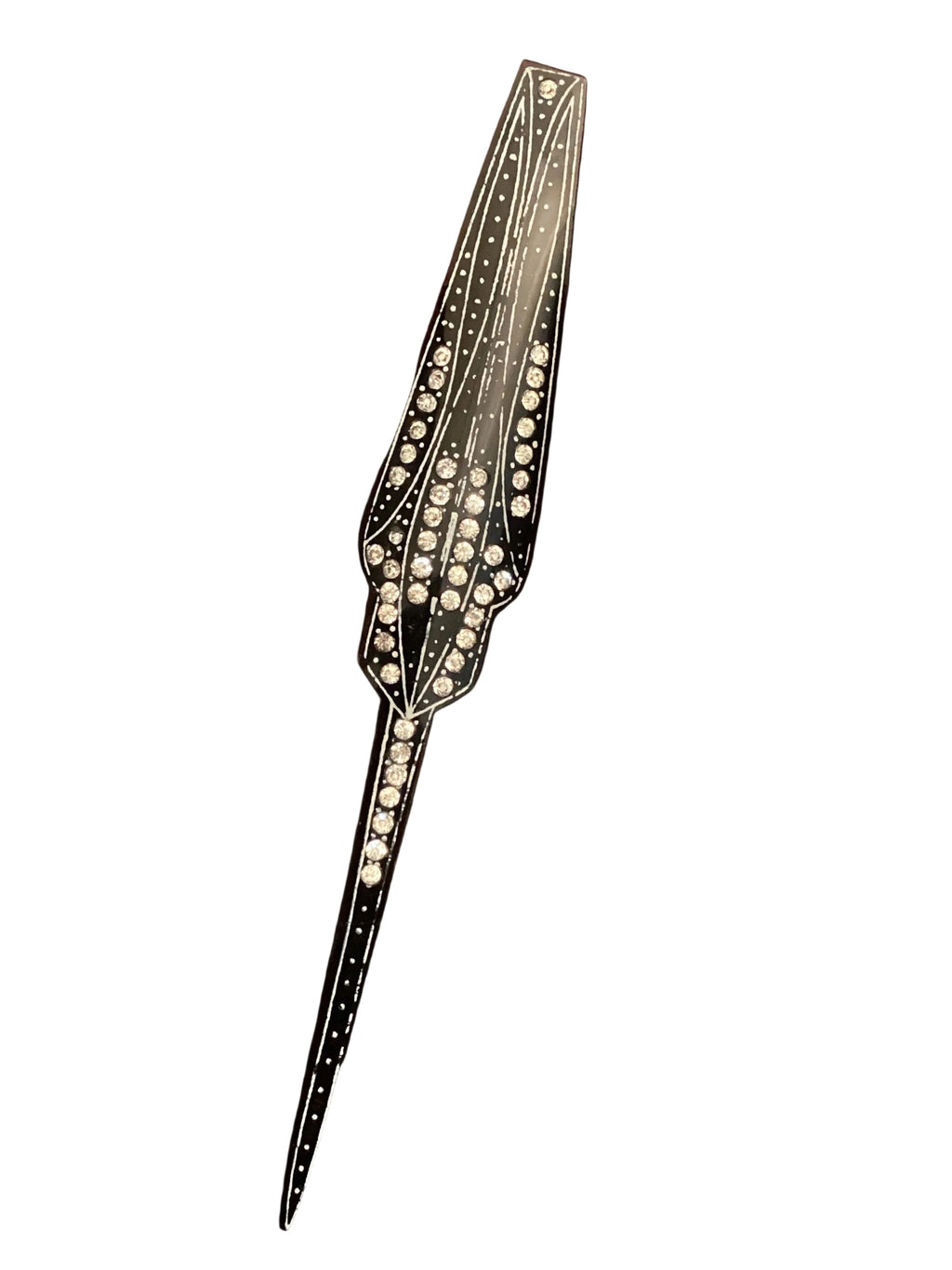 Vintage 1920s Art Deco Black Celluloid Jabot Pin - Elongated Geometric Bar Brooch with Rhinestones