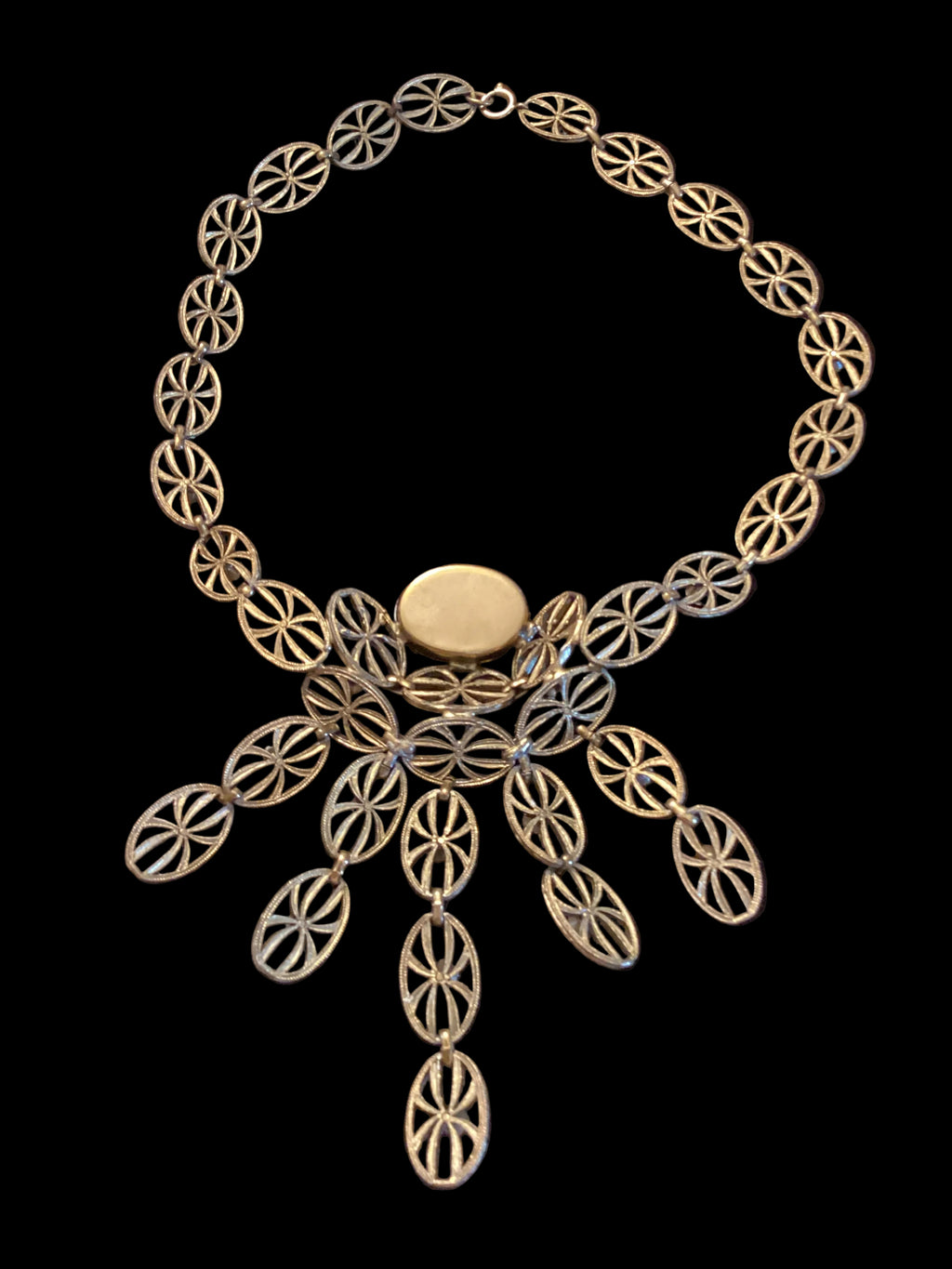 Antique Art Deco Brass Filigree Citrine Glass Necklace & Earrings Set
