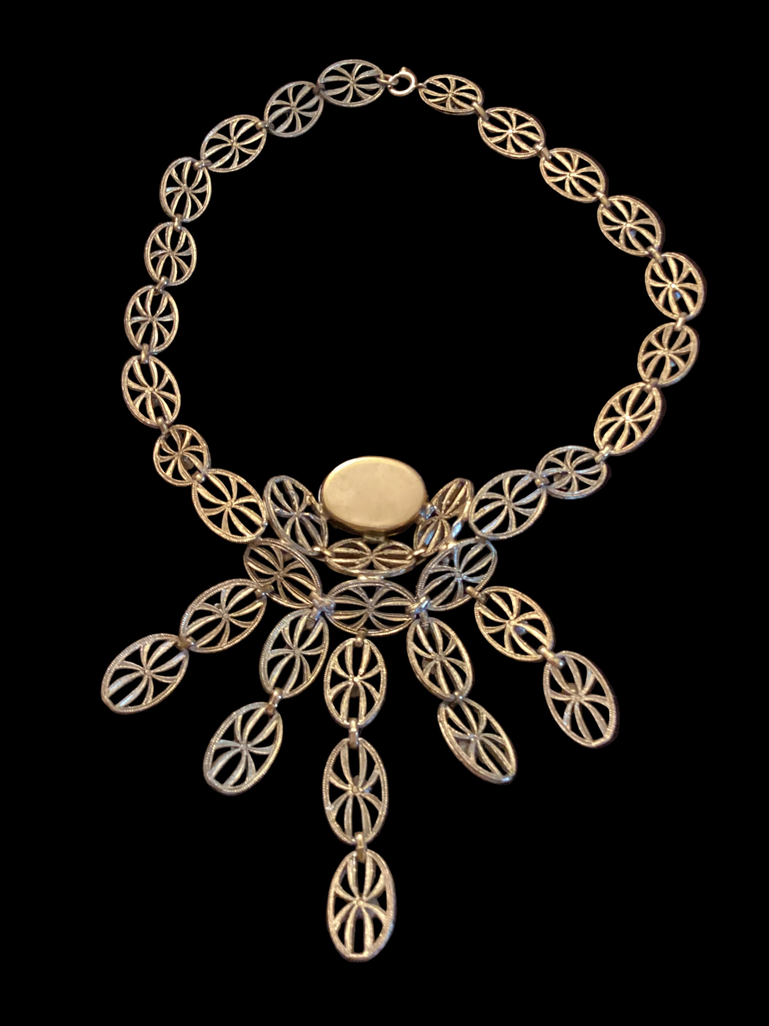 Antique Art Deco Brass Filigree Citrine Glass Necklace & Earrings Set