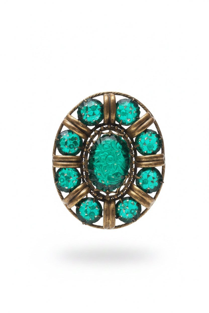 Art Deco Era Green Glass Floral Brooch/Pendant