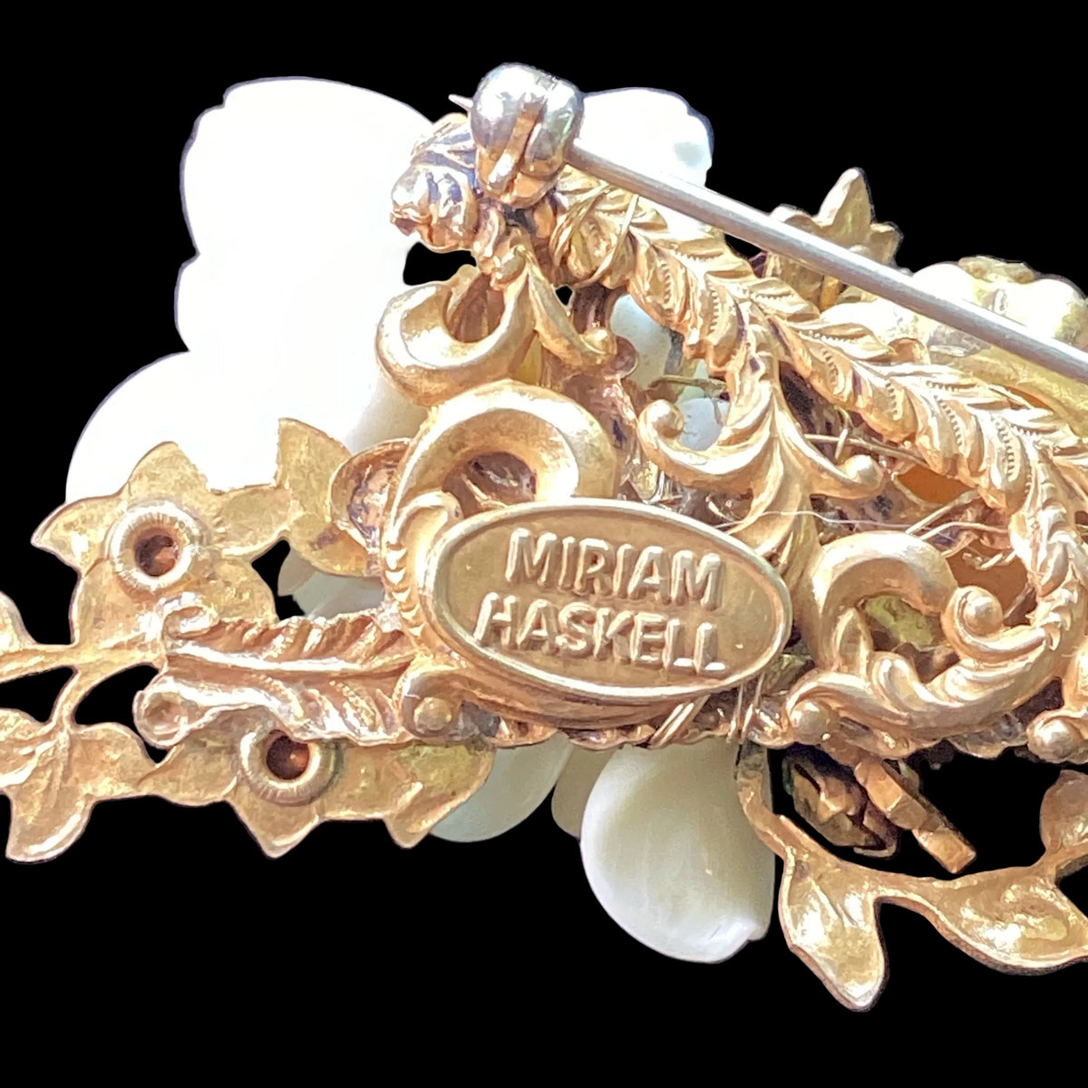 Vintage Miriam Haskell Rose & Butterscotch Cabochon Glass Brooch
