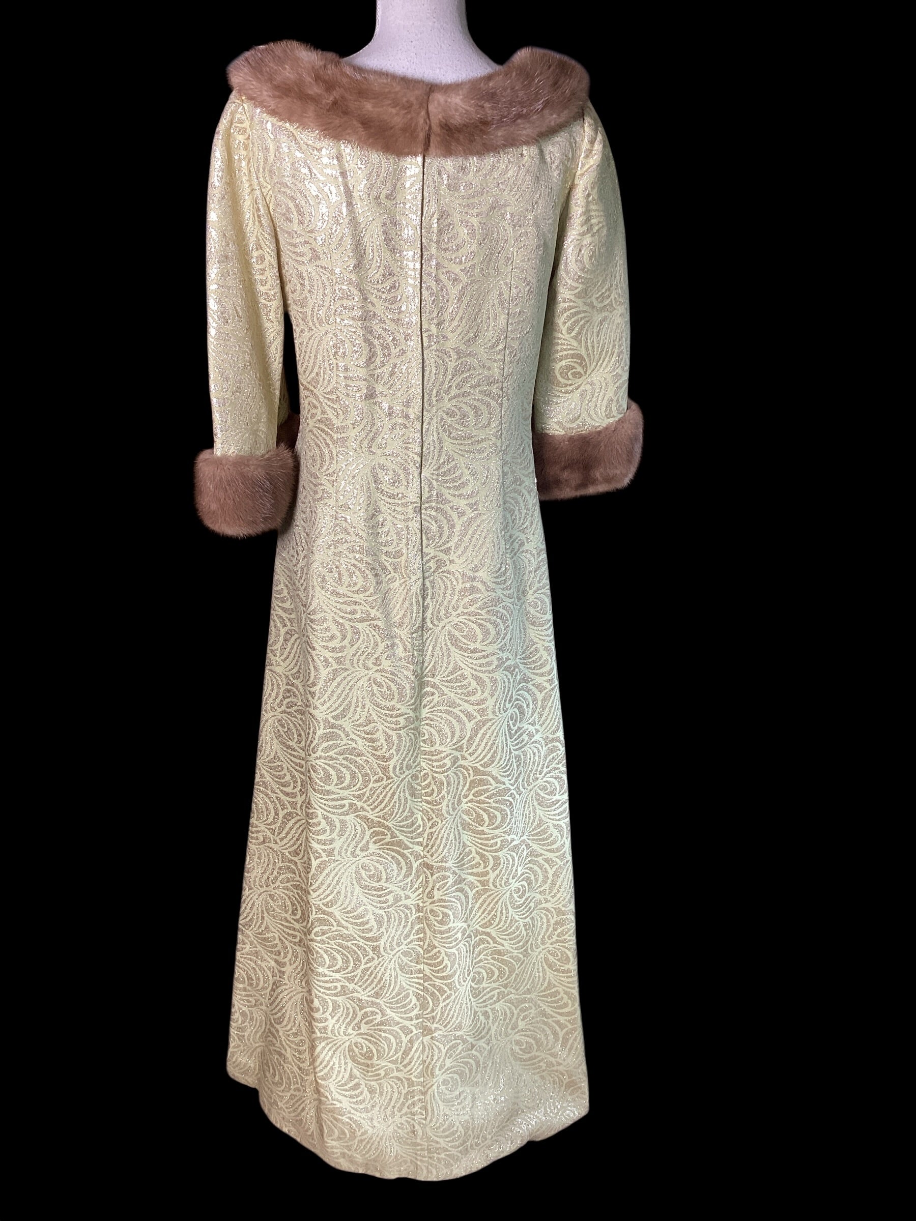 Vintage 1960s Malouf Design Perfect Negligee Hostess Gown - Pale Lime & Gold Metallic Brocade Lamé
with Pristine Mink Fur Portrait Collar & Cuffs