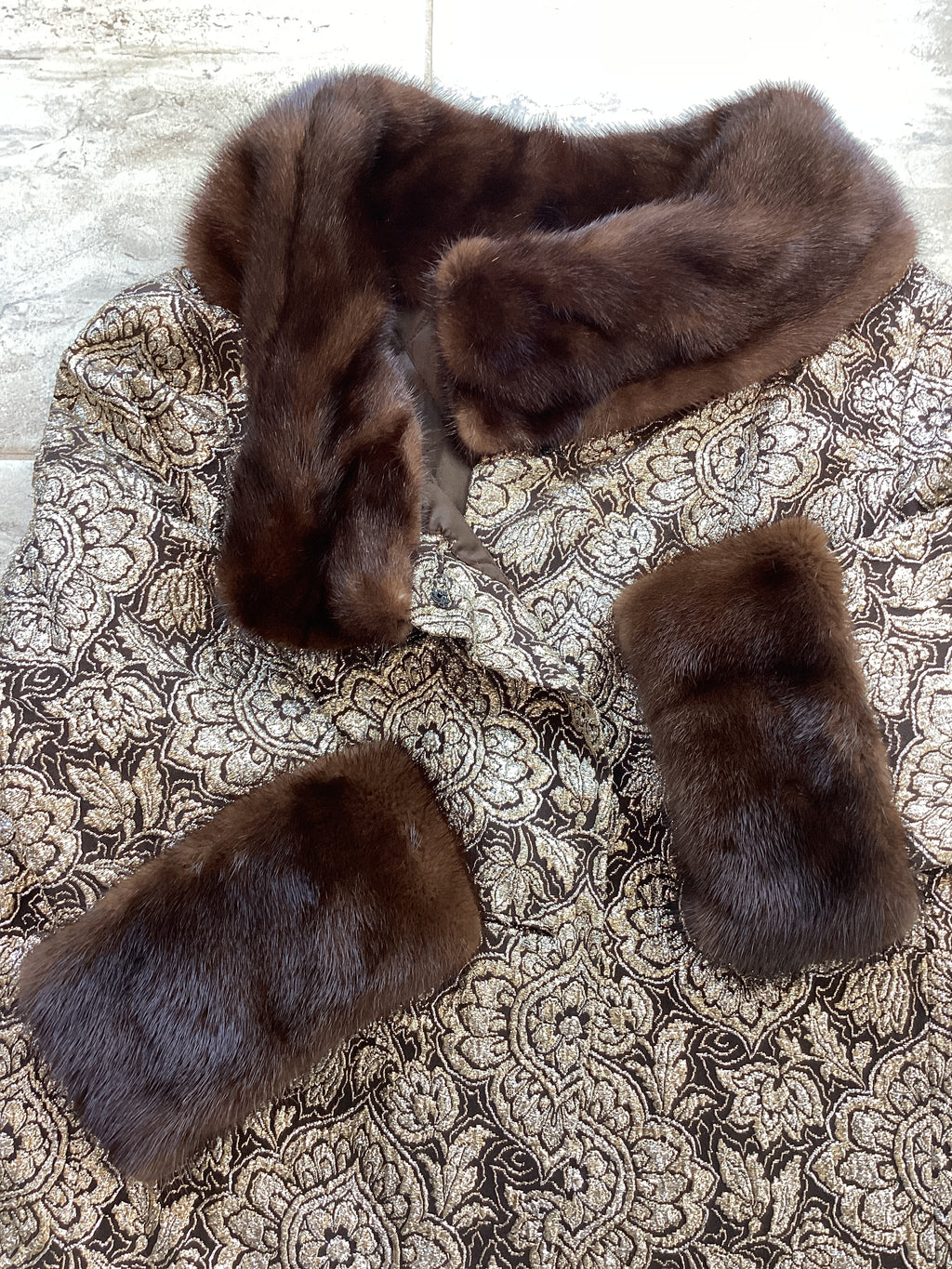 Vintage 1960s Custom Couture Brocade Shift Coat, Mahogany Mink Fur Collar & Cuffs