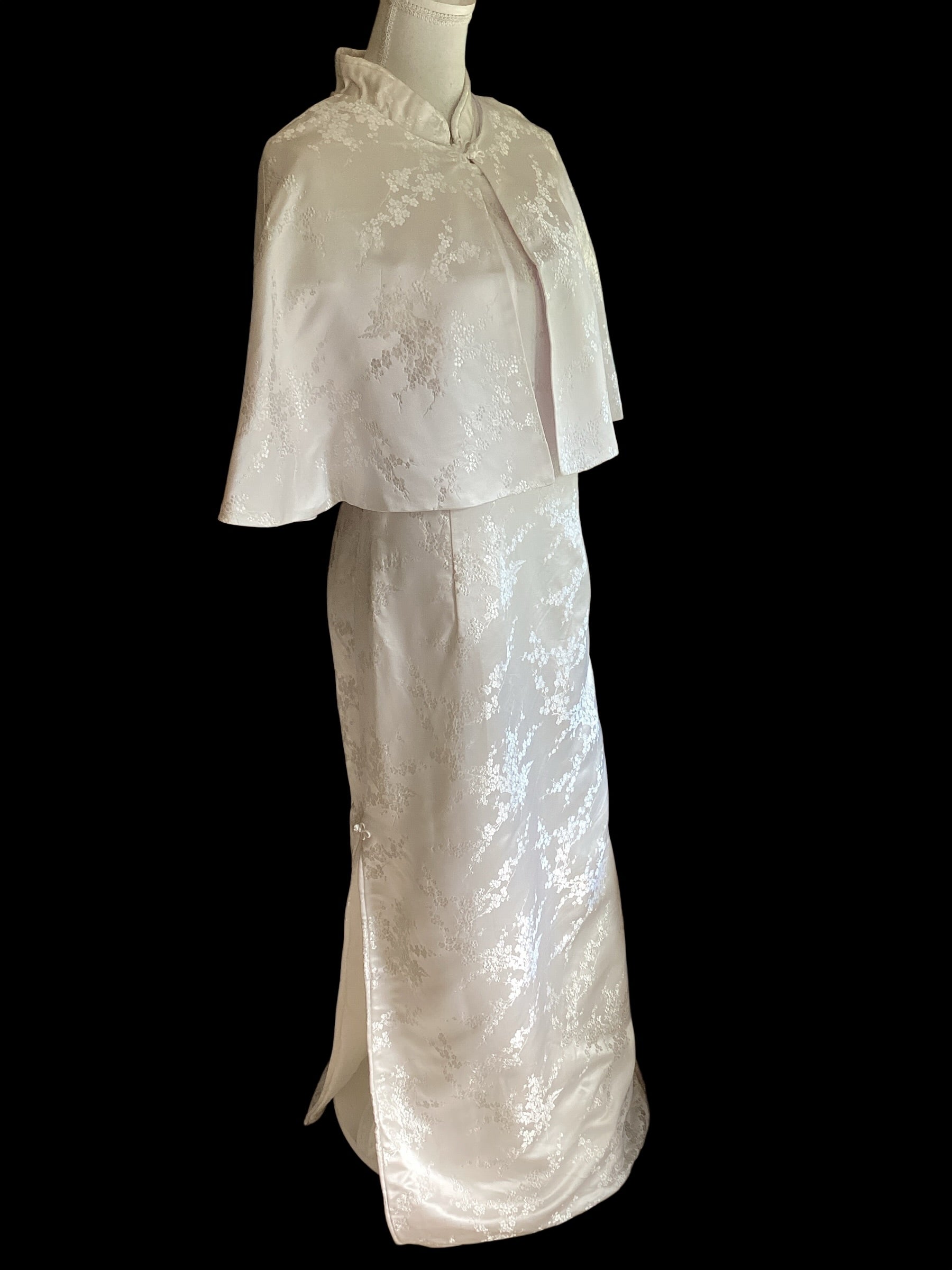 White Floral Brocade Cheongsam Dress & Capelet Set