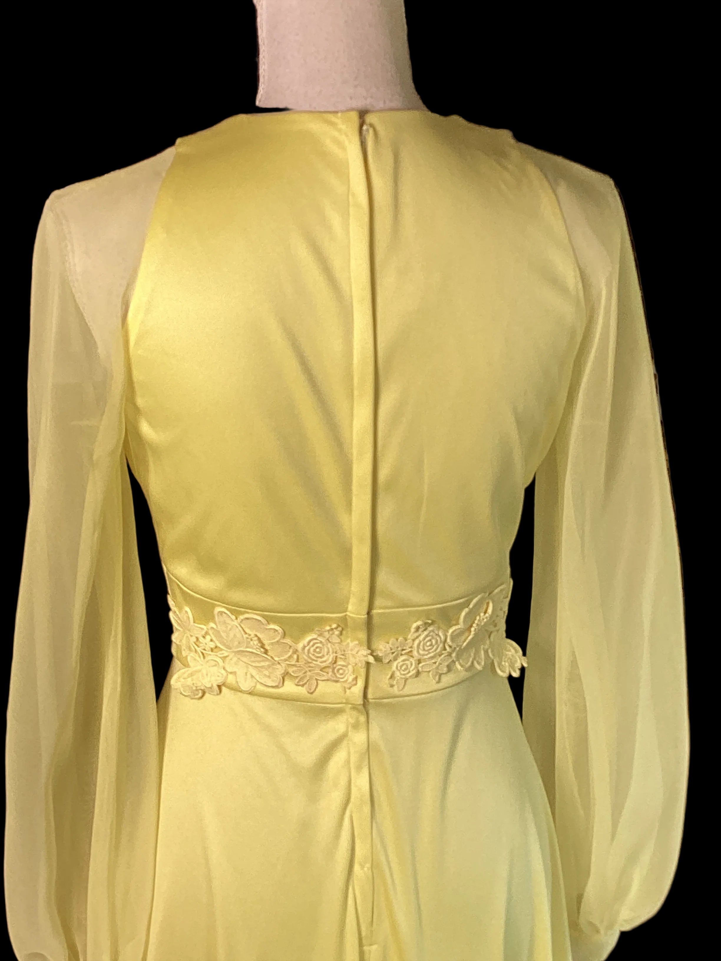 VTG 1970s Lemon Yellow Chiffon Maxi Dress