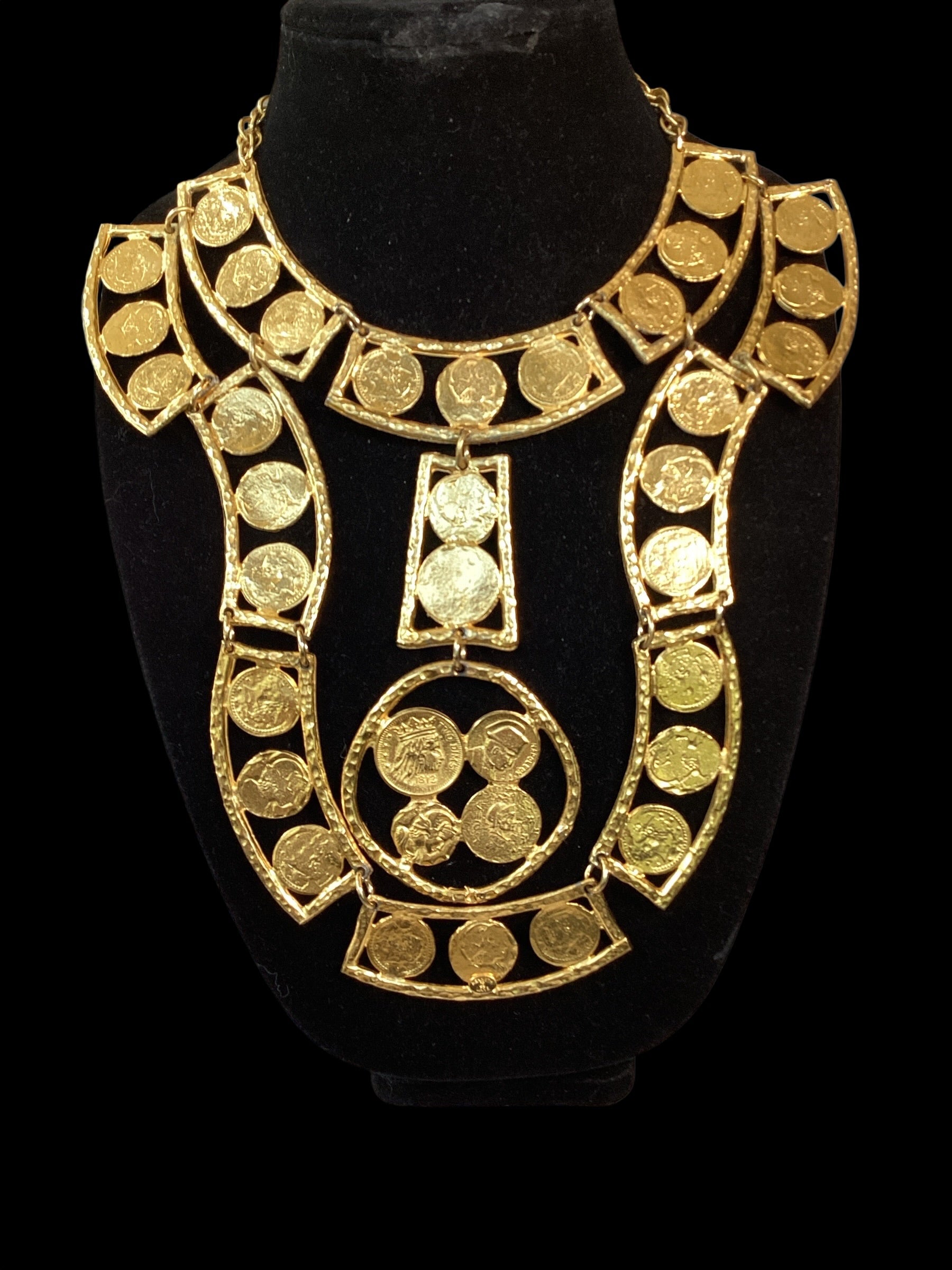 Rare & Incredible Circa 1960 Kenneth Lane Gold Plated Coin Bib Necklace