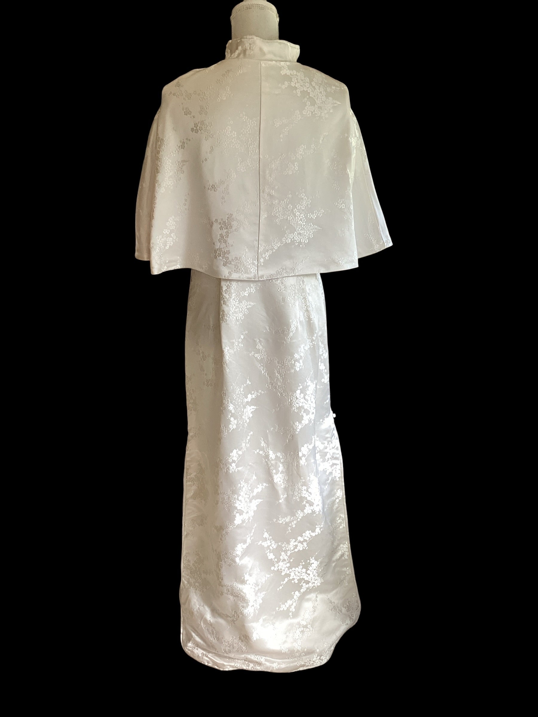 White Floral Brocade Cheongsam Dress & Capelet Set