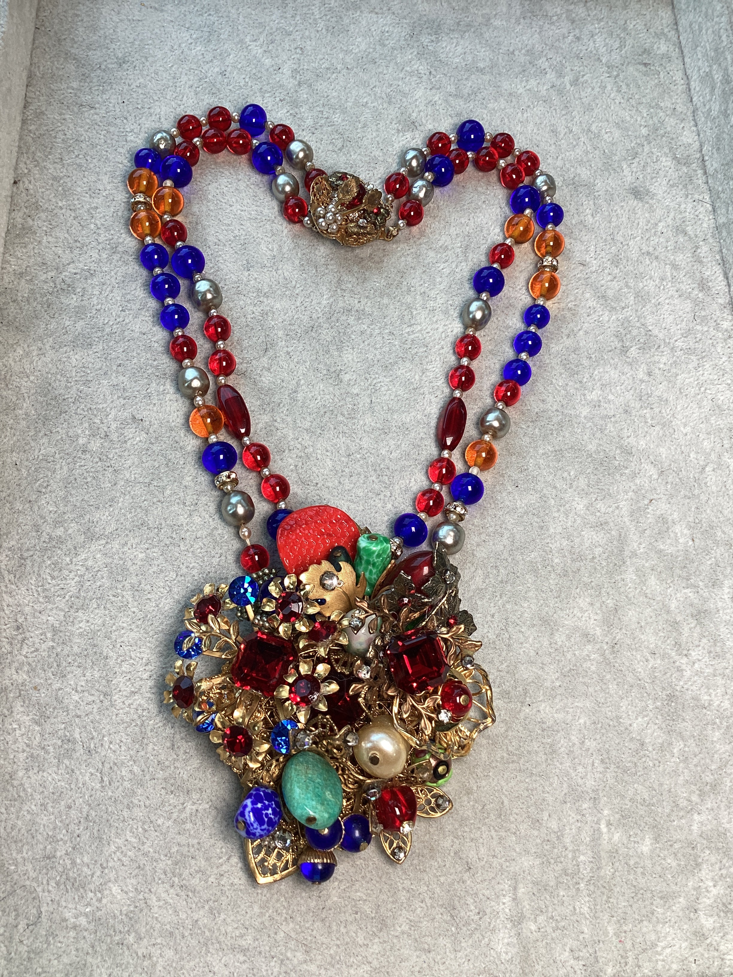 Vintage Mid-Century Beaded Cluster Statement Necklace & Brooch