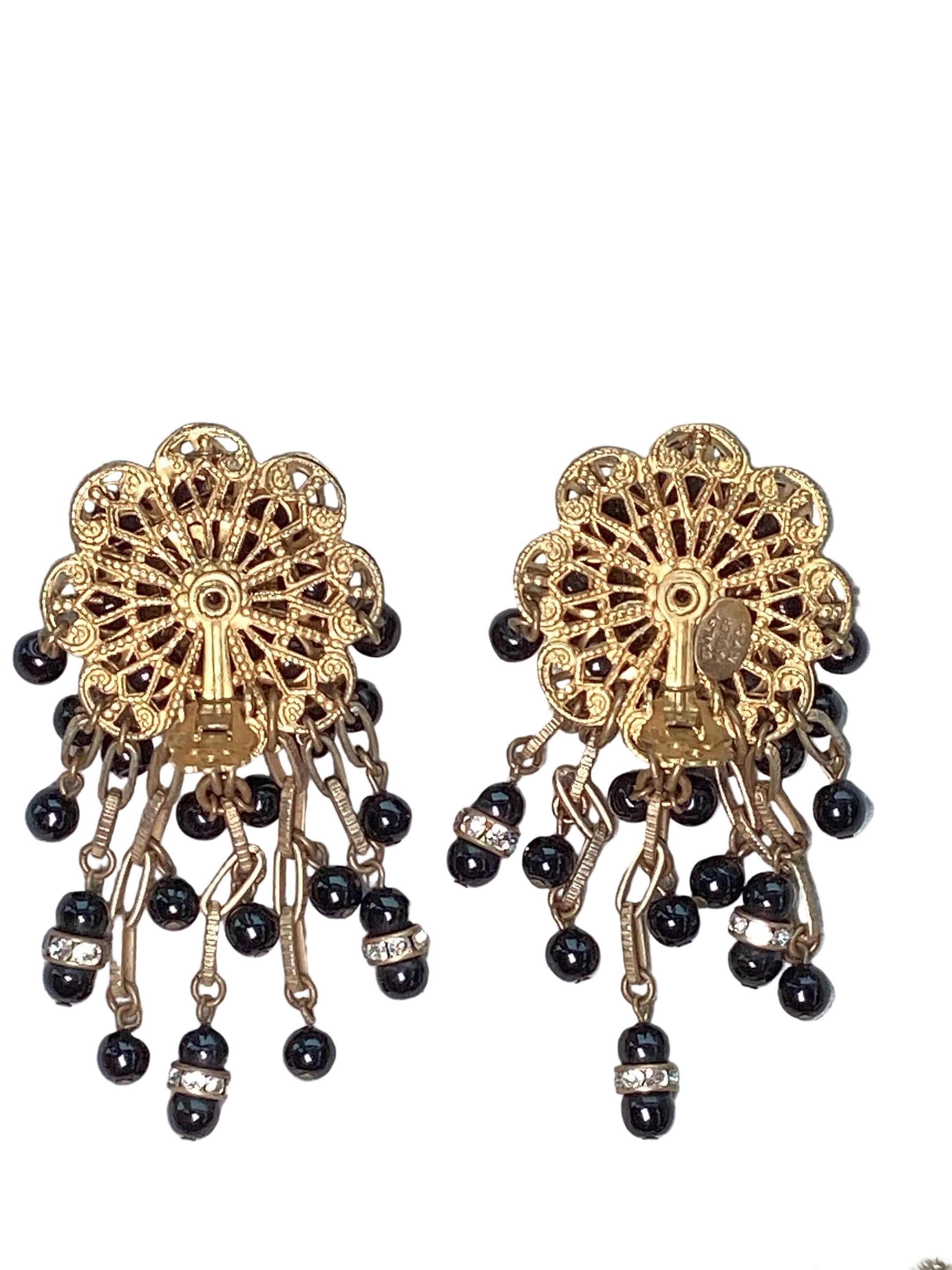 Rare Vintage Stanley Hagler N.Y.C. Jet Black Bead & Crystal Waterfall Earrings