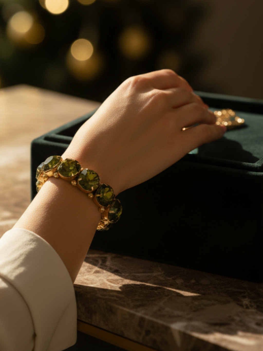 Rare Robert Sorrell Originals Couture Statement Bangle Bracelet - Massive Prismatic Olivine Crystals in 
Ornate Gold-Tone