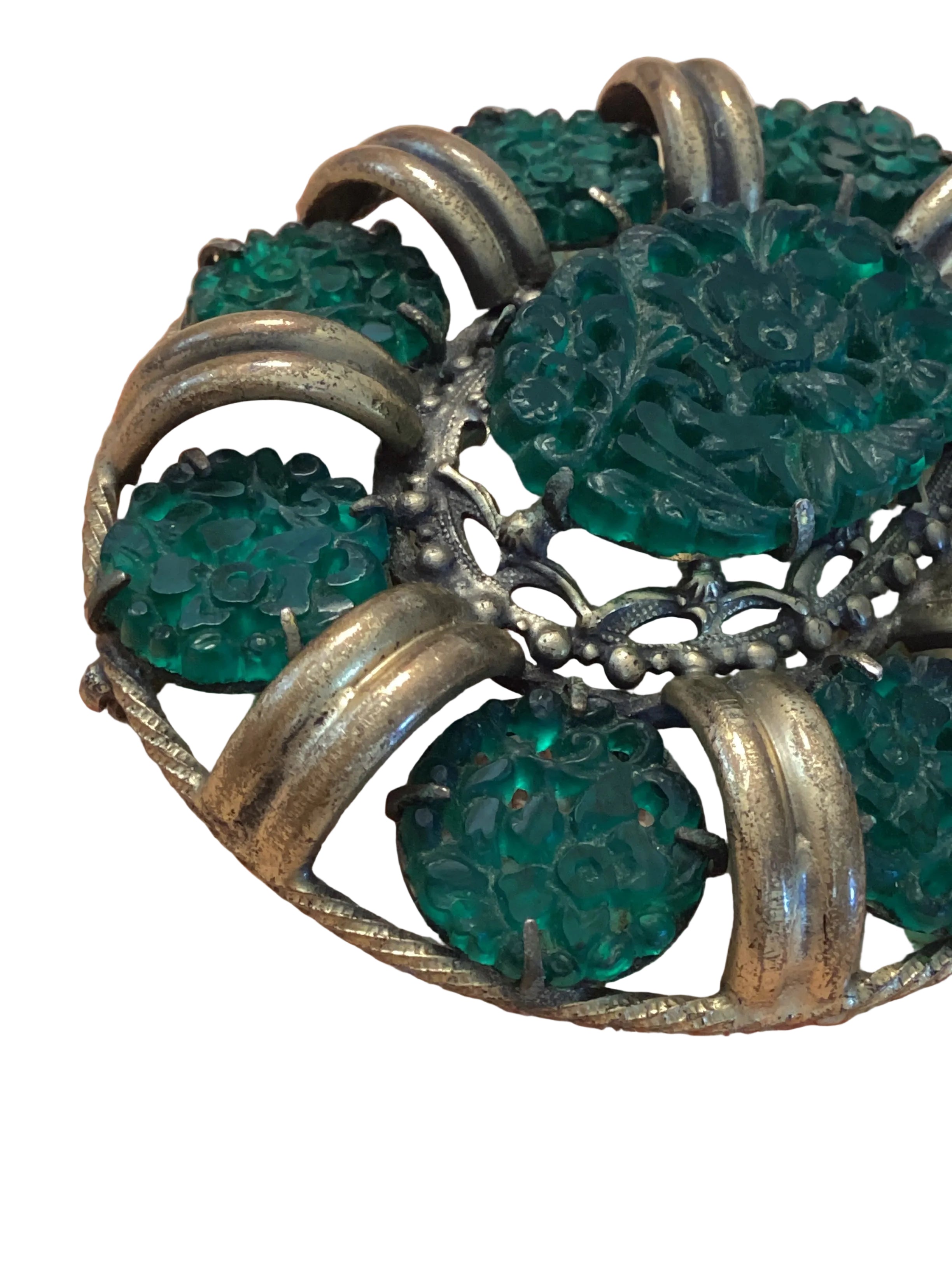 Art Deco Era Green Glass Floral Brooch/Pendant