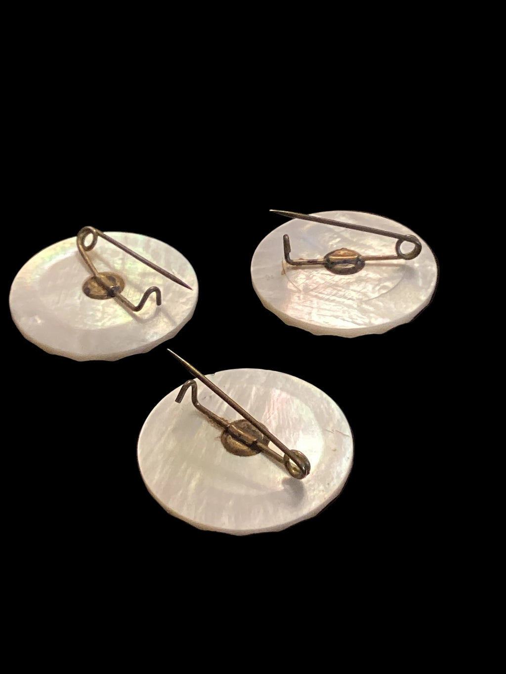 Antique Carved Mother of Pearl Sweetheart Pins Set of 3 Star Pattern Scalloped Edge C-Clasp Pre-1910