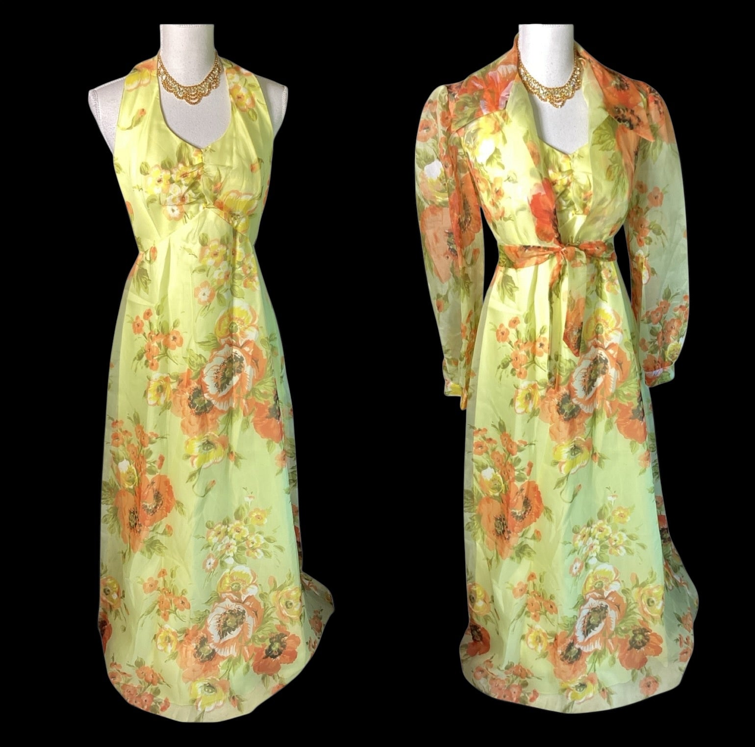 Vintage 1970s Floral Chiffon Maxi Dress | Sheer Bishop Sleeve Boho Prairie Gown