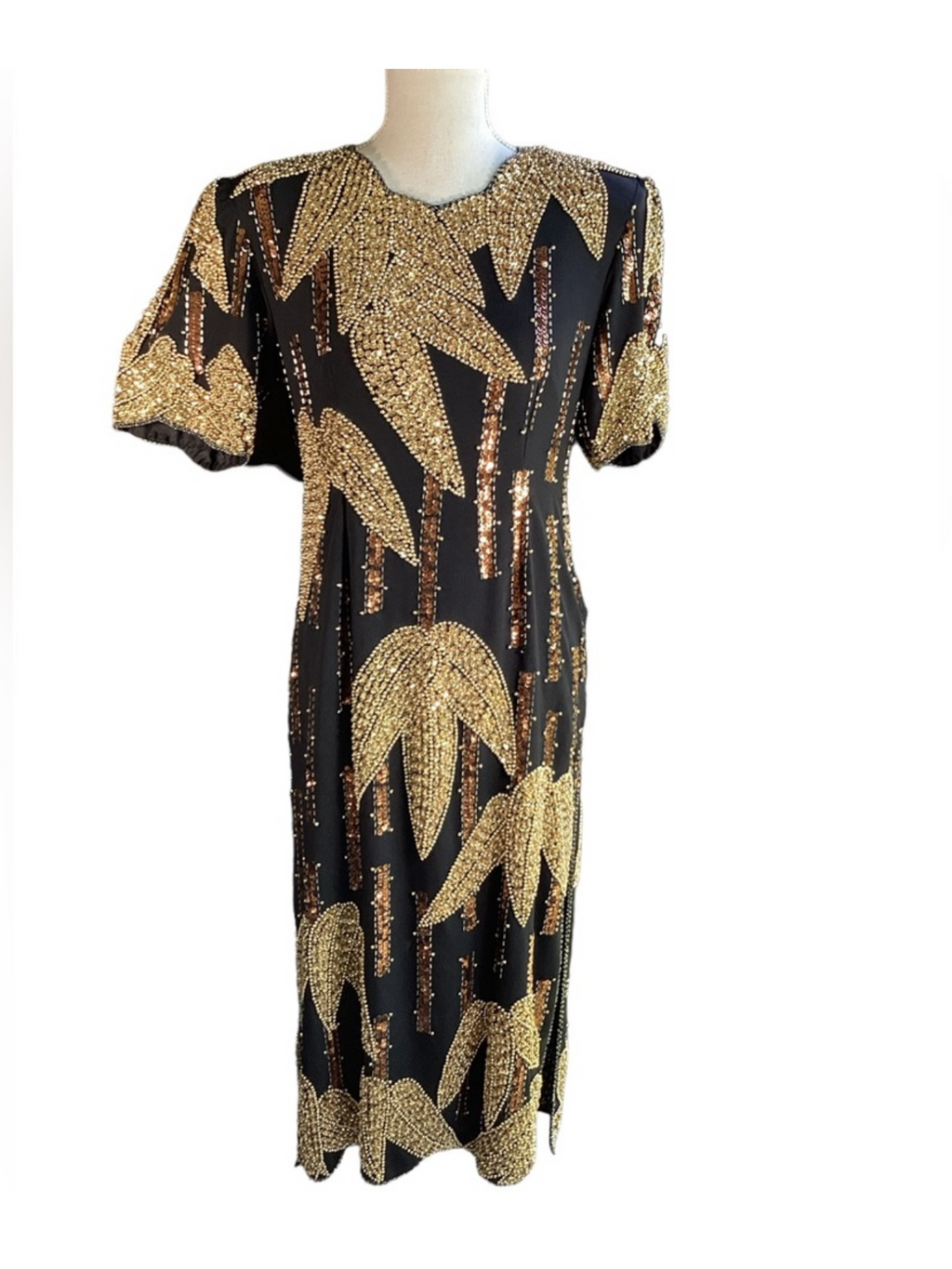 Vintage 1980’s Black & Gold Beaded Bamboo Design Cocktail Dress